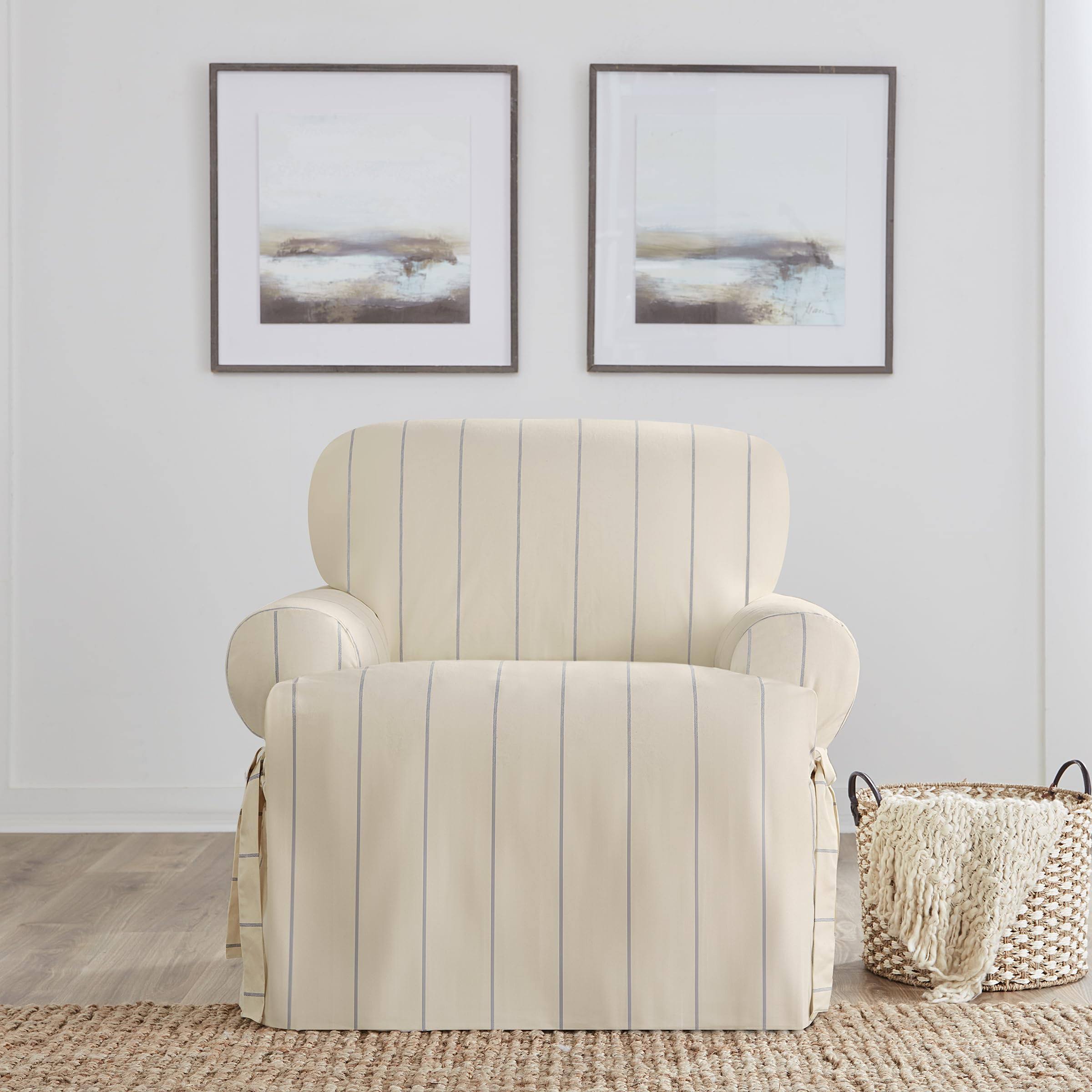 96d9c7d622b3440ae770d8d89e847e9c2f83c0f04dead430e76eef0d05c812e0.jpg Heavyweight Natural with Blue Stripe Cotton Duck T-Cushion Chair Slipcover - Image 1
