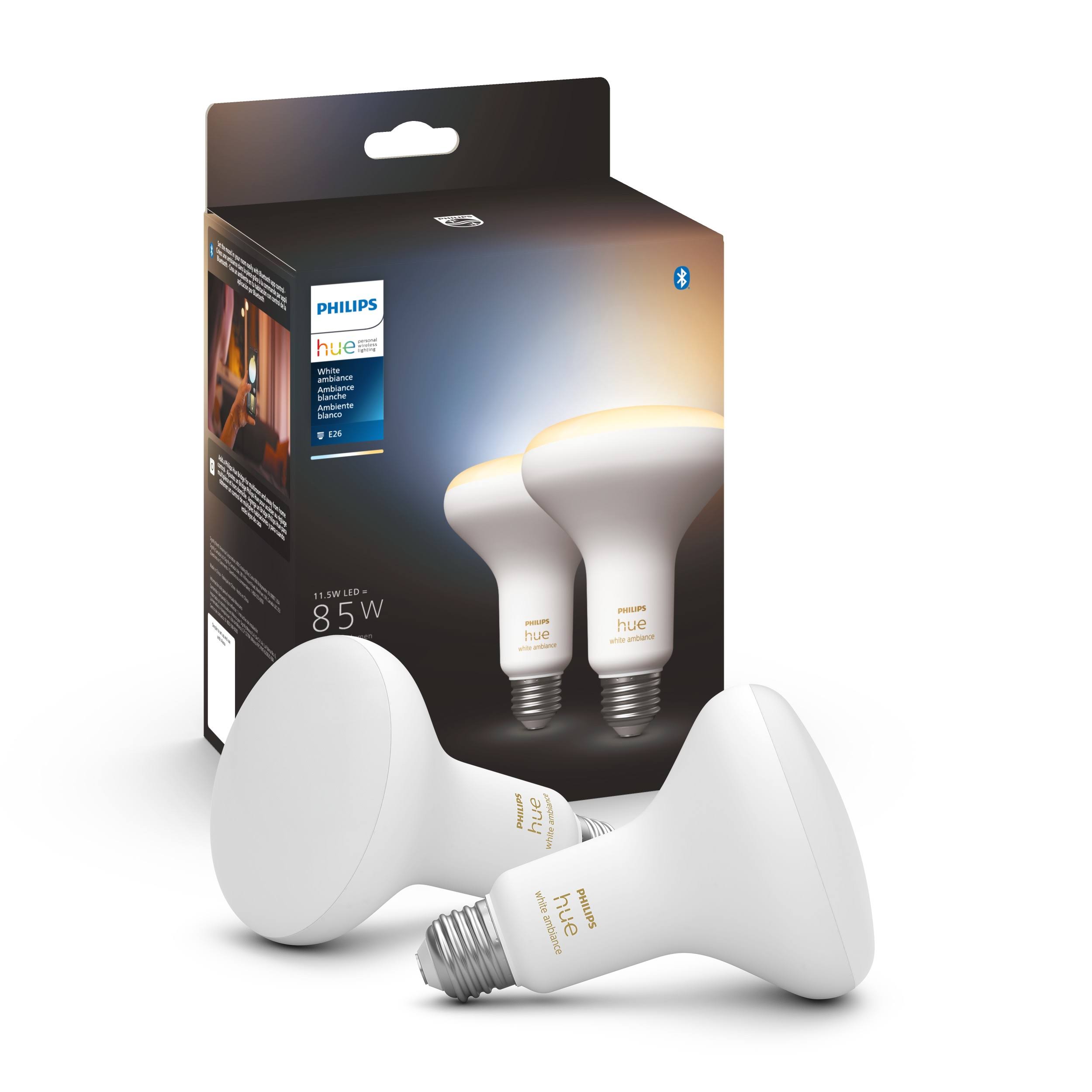 9703ff4a5b32bf47f90cc306b0c70fe893f0ec465c4133afeb35912b0e82cee6.jpg Philips Hue White Ambiance BR30 Bluetooth 85W Smart LED Bulb 2-Pack - Image 1