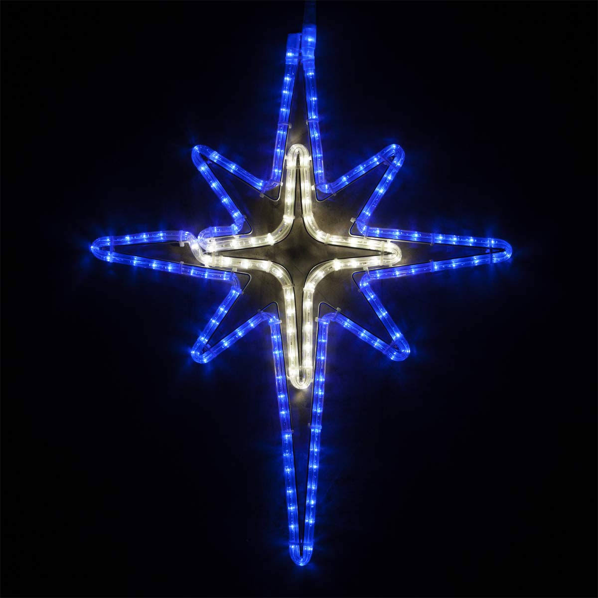 975bc7b7d23fac2789f2f3fadb5989061525fed489949fc0ab2175f23d27fce1.jpg 28" LED Blue and Cool White Bethlehem Star with Cross Center - Image 1