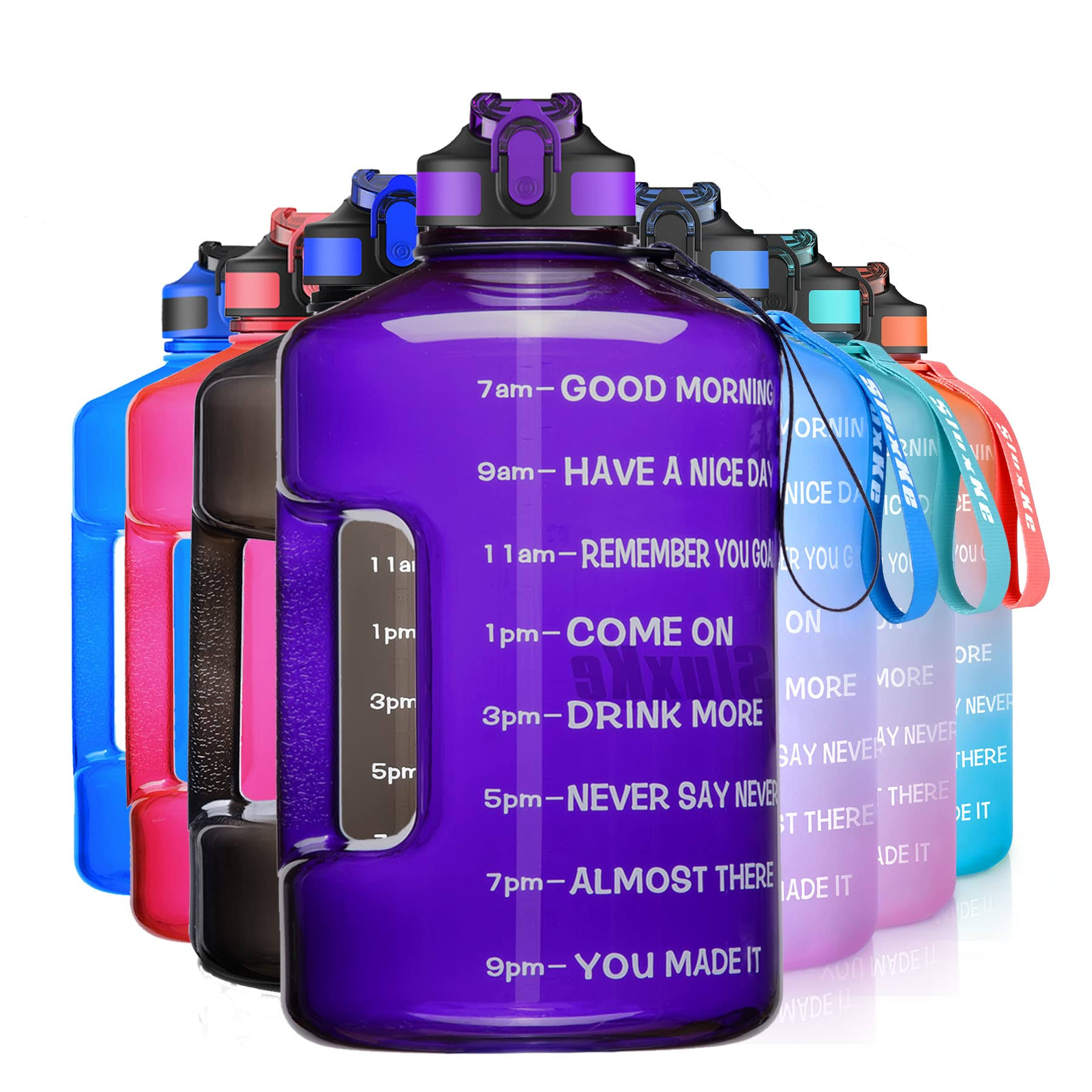 977644032ab20fa80c4b3916cf9f4d9a7a62e8f34ccad36b489999774f5f3f8f.jpg SLUXKE 1 Gallon Water Bottle with Time Marker and Straw, BPA Free 128oz Leak Proof Motivational Large Water Bottle Jug with Handle, Pop Up Open - Image 1
