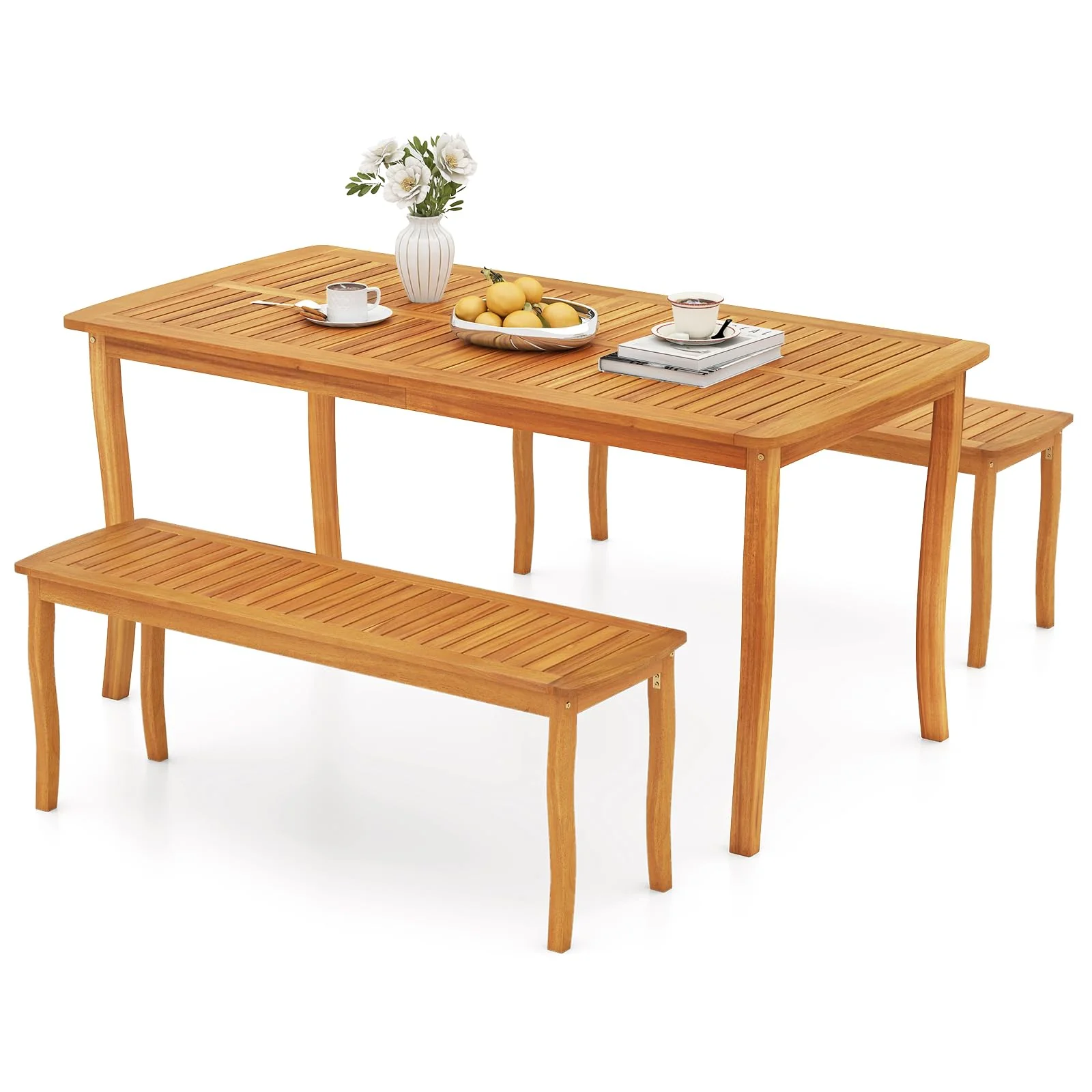 97b01791fa98d03359cd196f9895fb529cfb75ef3daf6557a6c75e58acad201b.webp Tangkula 63 Inch Outdoor Acacia Rectangular Table with 1.97” Umbrella Hole and Benches Set - Image 1