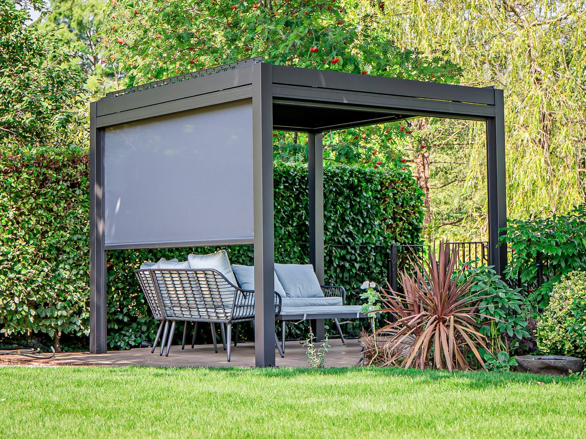 97c0a92bdcd5fd38cff63f7384fe19d003df18617a78fd7db0b54c13059a36dc.jpg PERGOLUX Metal Pergola | 10' x 10', Aluminium, Adjustable Louvered Roof, Free-Standing, Modern Scandinavian Design, Anthracite - Image 1