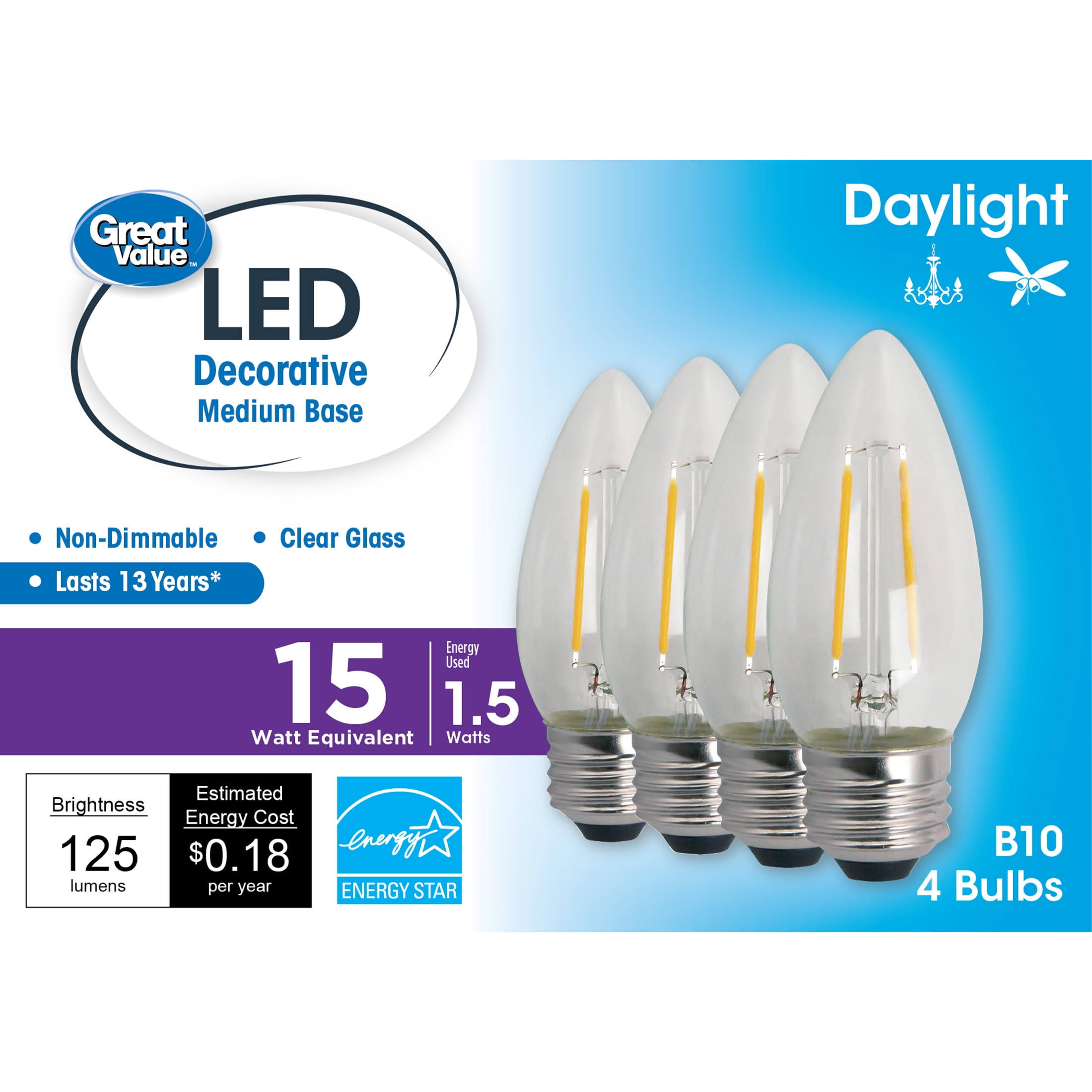 97cde2153776ab101a5d5de9c553414a4e0642918045485bb0b2c22ae70c035f.jpg Great Value LED Light Bulb, 1.5W (15w Equivalent) B10 Deco Lamp E26 Medium Base, Non-Dimmable, Daylight, 4-Pack, Size: 4 Bulbs - Image 1