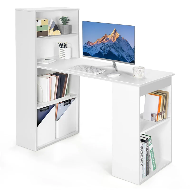 97fadb844b2f1c049b0e39b4a57502b8b5f07261868b525be26caf1b571d5a12.webp 48" Computer Desk with 6-Tier Storage Shelves, 3-in-1 Reversible Writing Desk w/ Bookshelf & CPU Stand, Space-Saving Home Office Workstation - Image 1