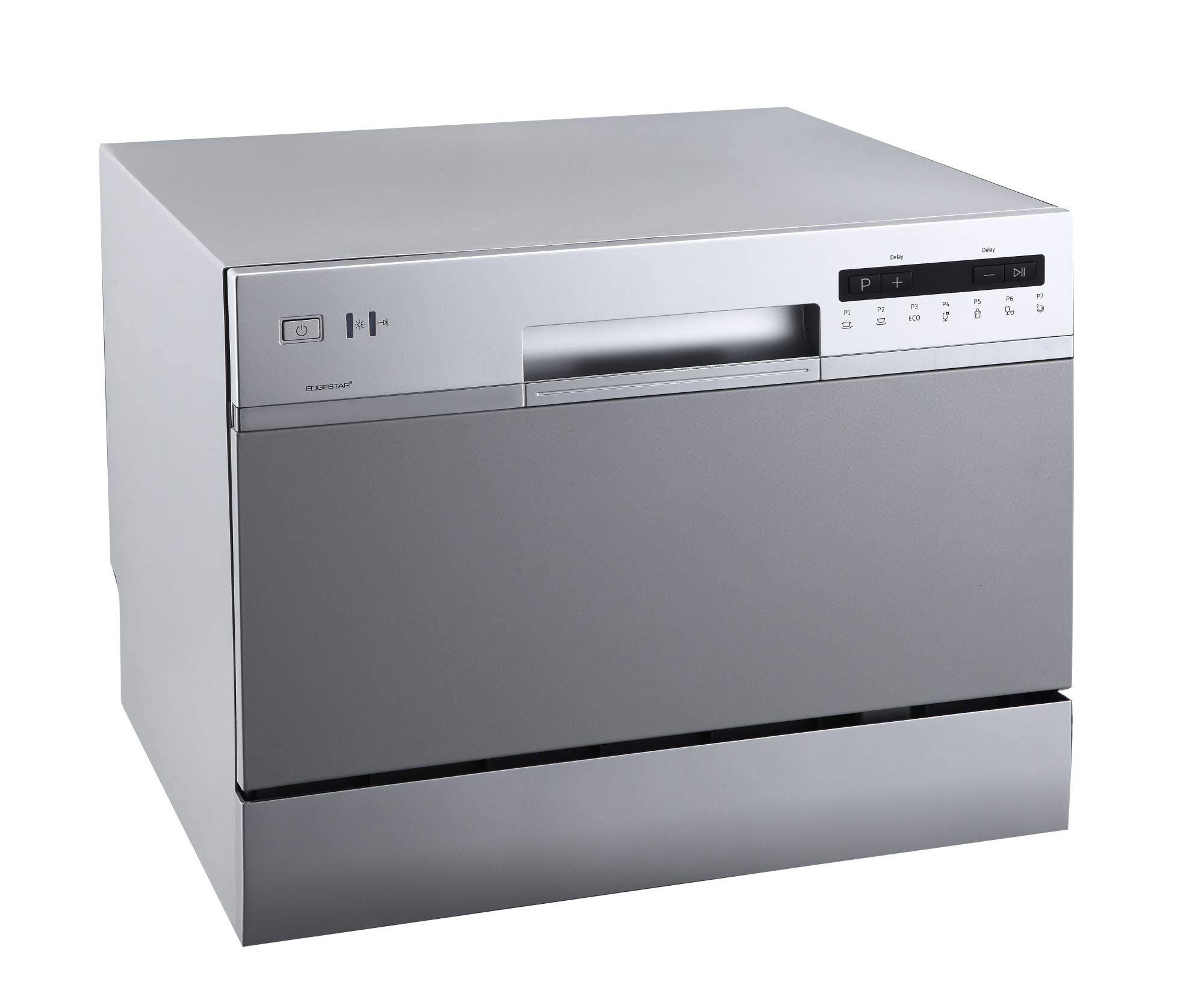 982d71a6fac67171dba57ff643ca70094356b233a95cfd25bee3ae8072ef69bb.jpg EdgeStar 22 in. Wide 6-Place Setting Energy Star Rated Countertop Dishwasher - Silver - Image 1