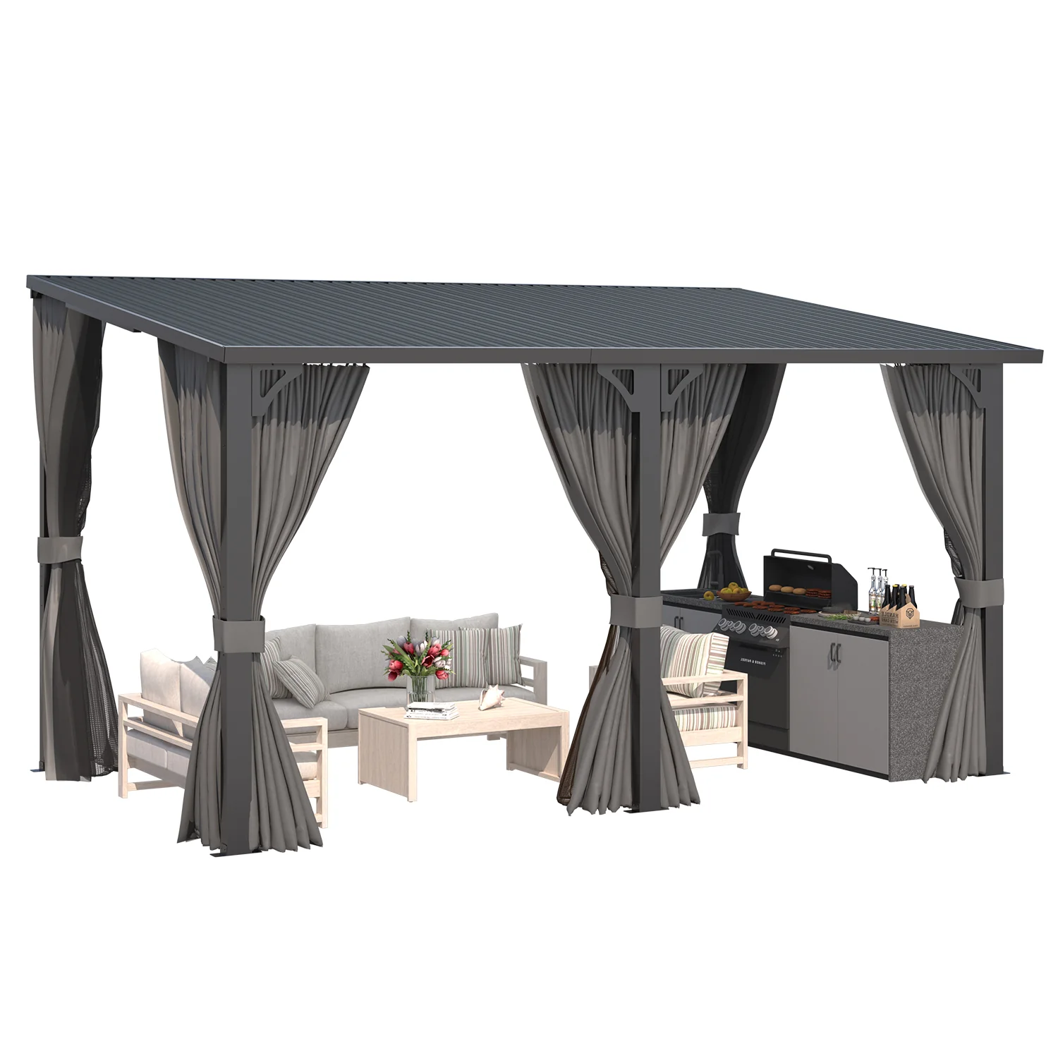 984c5bbb958be0e055fb1a2468db375ca87c04252c082cce05f2b4f45a8d80e4.webp AECOJOY 14'x8' Outdoor Hardtop Metal Gazebo with Curtain and Netting - Image 1