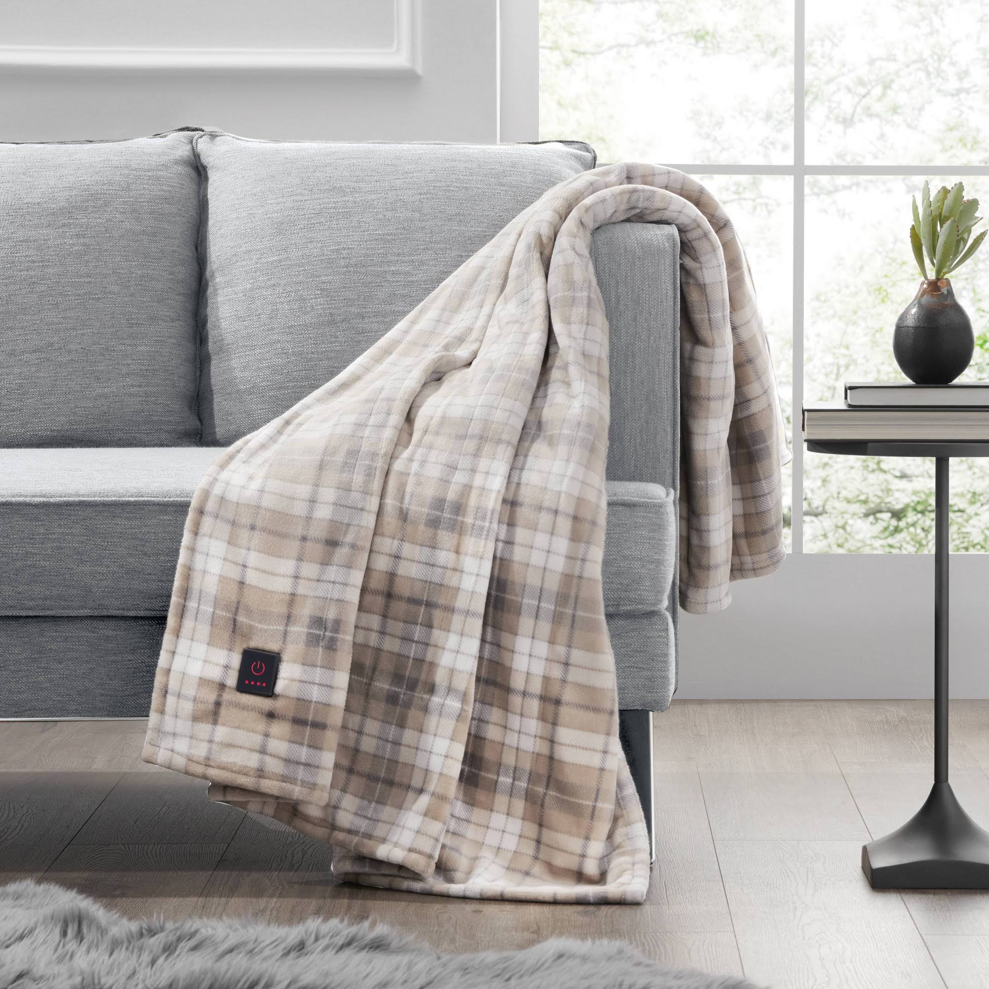98f862d34235effad9bbf0bbcfbaee3c5a4e8d95b826b5674fbad077f5e87269-1.jpg 50"x60" Cozy Heated Throw Blanket Oatmeal Plaid - Brookstone - Image 1