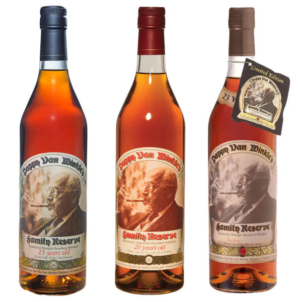 98fcea93283e488bfa3bdab204286e021fbfb7b4a796c3fe452a7f3a263f1bd6.jpg Pappy Van Winkle 15 Year Bourbon, 20 Year & 23 Year Bundle - Image 1