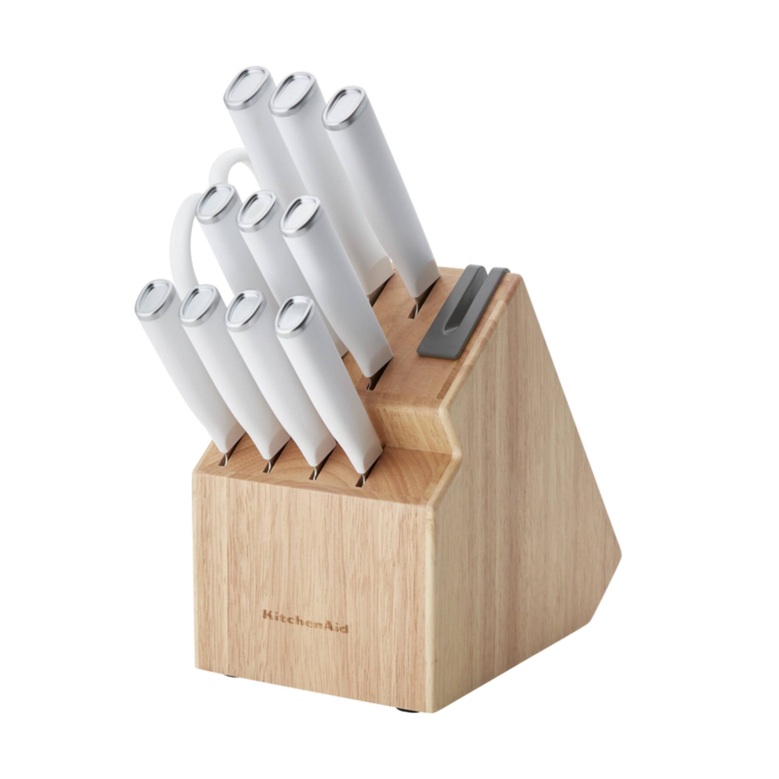 991abf013af78cad416fd3b23bfefcde47cc834fce8bf39dca30df8d8dd43305.jpg KitchenAid Classic Japanese Steel 12-Piece Knife Block Set with Built-In Knife Sharpener, White - Image 1