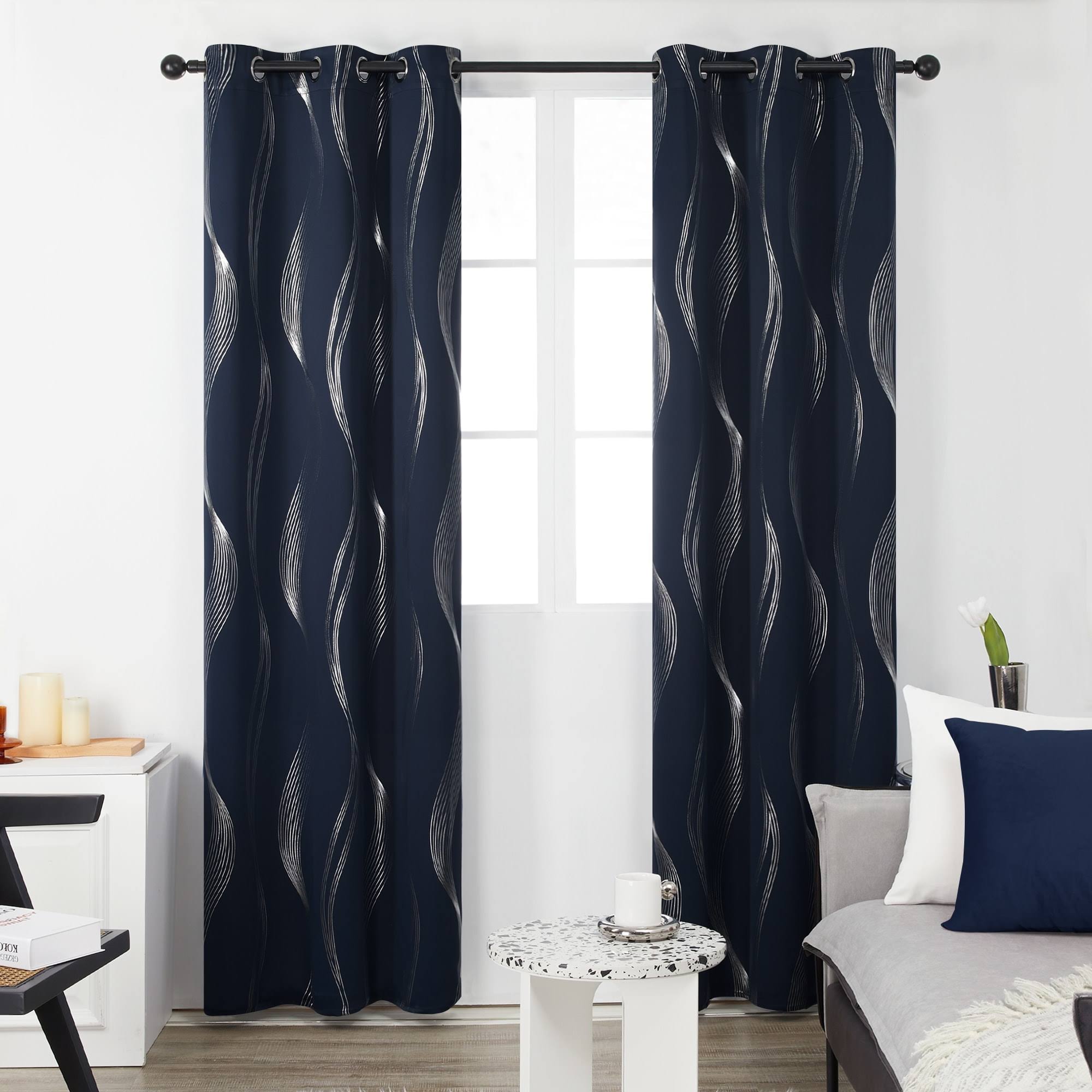 998fbd65d4a6ec00c64ff3ce849b13dbe62d8d6f718cf6e7ad66fc06dd5f4fd6.jpg Deconovo Thermal Insulated Blackout Curtains, Silver Wave Foil Printed Grommet Window Curtain for Bedroom (42 x 45 inch, Navy Blue, 2 Panels) - Image 1
