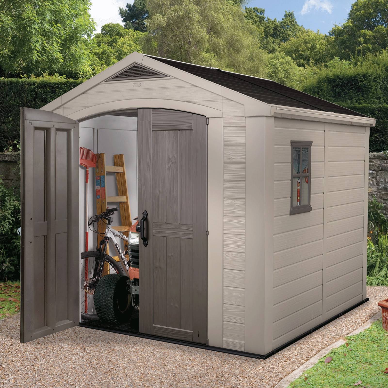998fd267e645a421b2f20d0af81f056170b4b9e41387aed96d1a639ea5ab5e93.jpg Keter 213563 Factor 8x8 Large Outdoor Storage Shed - Image 1