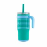 Reduce Vacuum Insulated Stainless Steel Coldee Mug with Lid and Spill-Proof Straw, Teal Stripes, 18 oz.