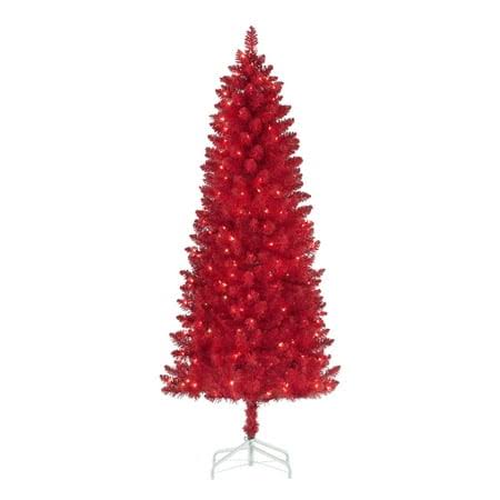 6.5 ft Pre-Lit Red Flocked Pine Artificial Christmas Tree, 200 Clear Lights, Red, by Holiday Time
