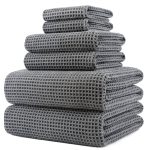 POLYTE Oversize 60 x 30 in Quick Dry Lint Free Microfiber Bath Towel Set 6 Piece (Gray Waffle Weave)