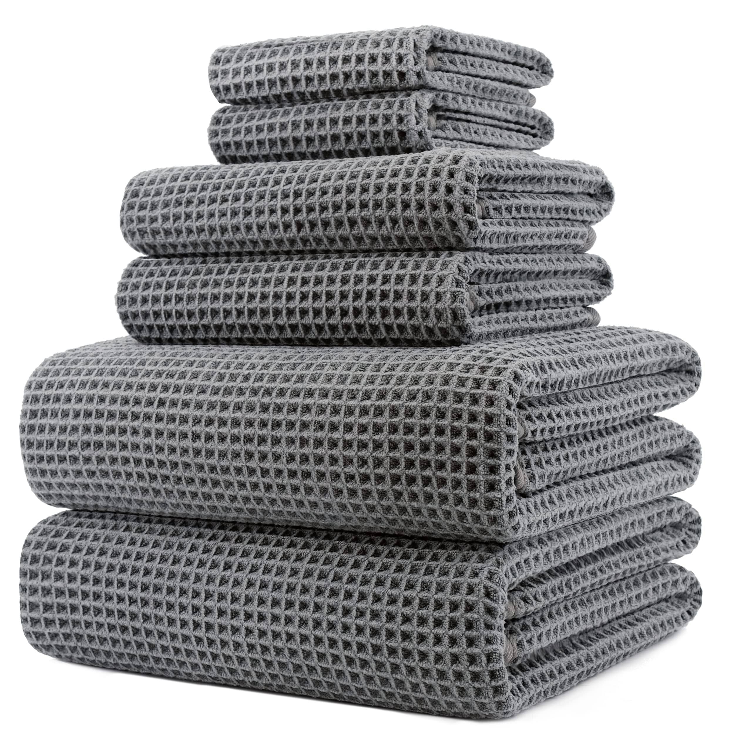 99e655c025b79625fec861dffefa29e3109c15e8b0baaa5d9d718582f2b8a86a.jpg POLYTE Oversize 60 x 30 in Quick Dry Lint Free Microfiber Bath Towel Set 6 Piece (Gray Waffle Weave) - Image 1