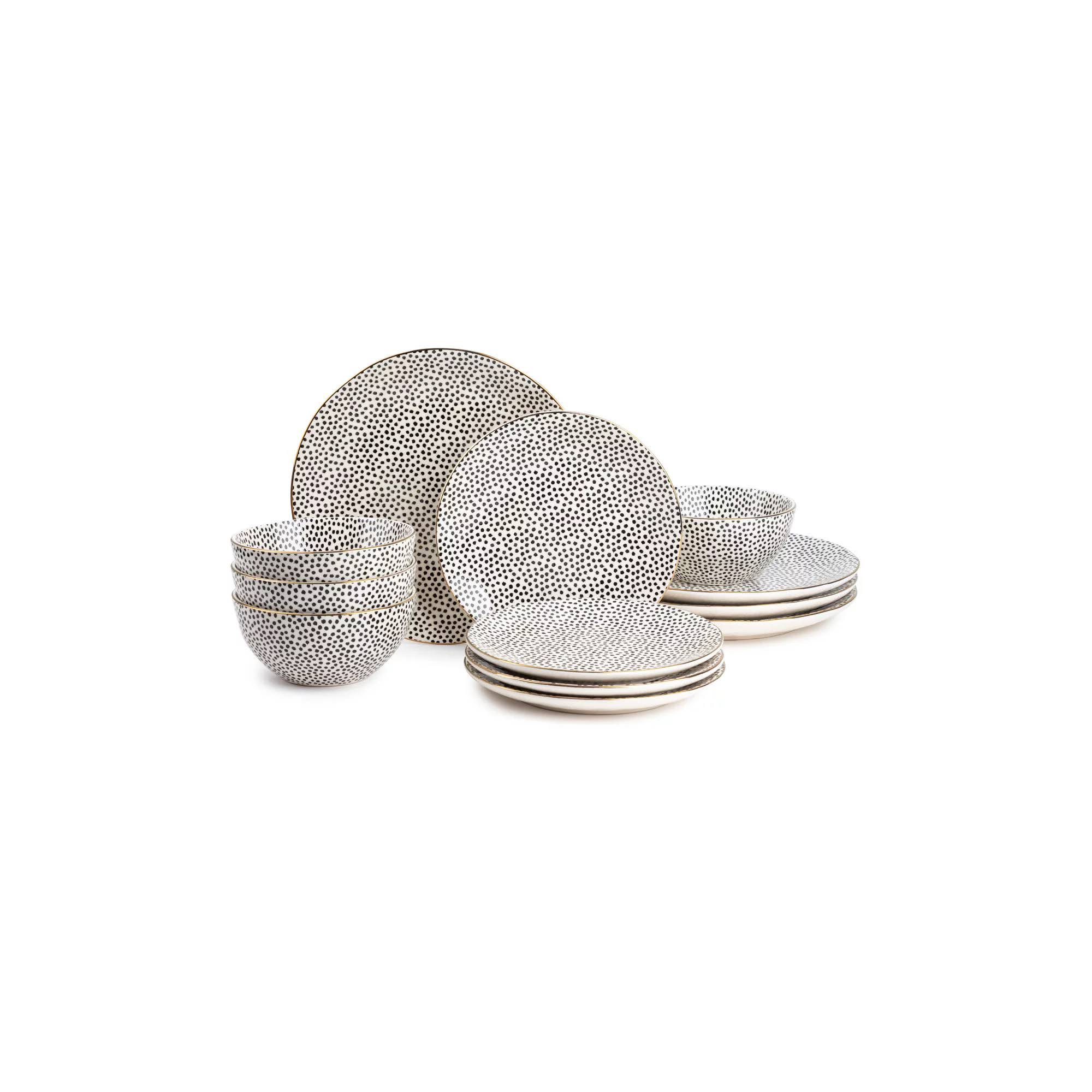 9a0fc702510d1f96e863b5ca6cc17d220a787ac5344bc14f7ab5eb64ee56e853.jpg Thyme & Table Dinnerware Black & White Dot Stoneware, 12 Piece Set - Image 1