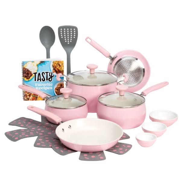 9a37274d4a28ae6bbd743914e753e84e4faebd872e7d740c8c6d858db41de926.jpg Tasty Clean Ceramic 16 Piece Non-Stick Aluminum Cookware Set, Pink - Image 1