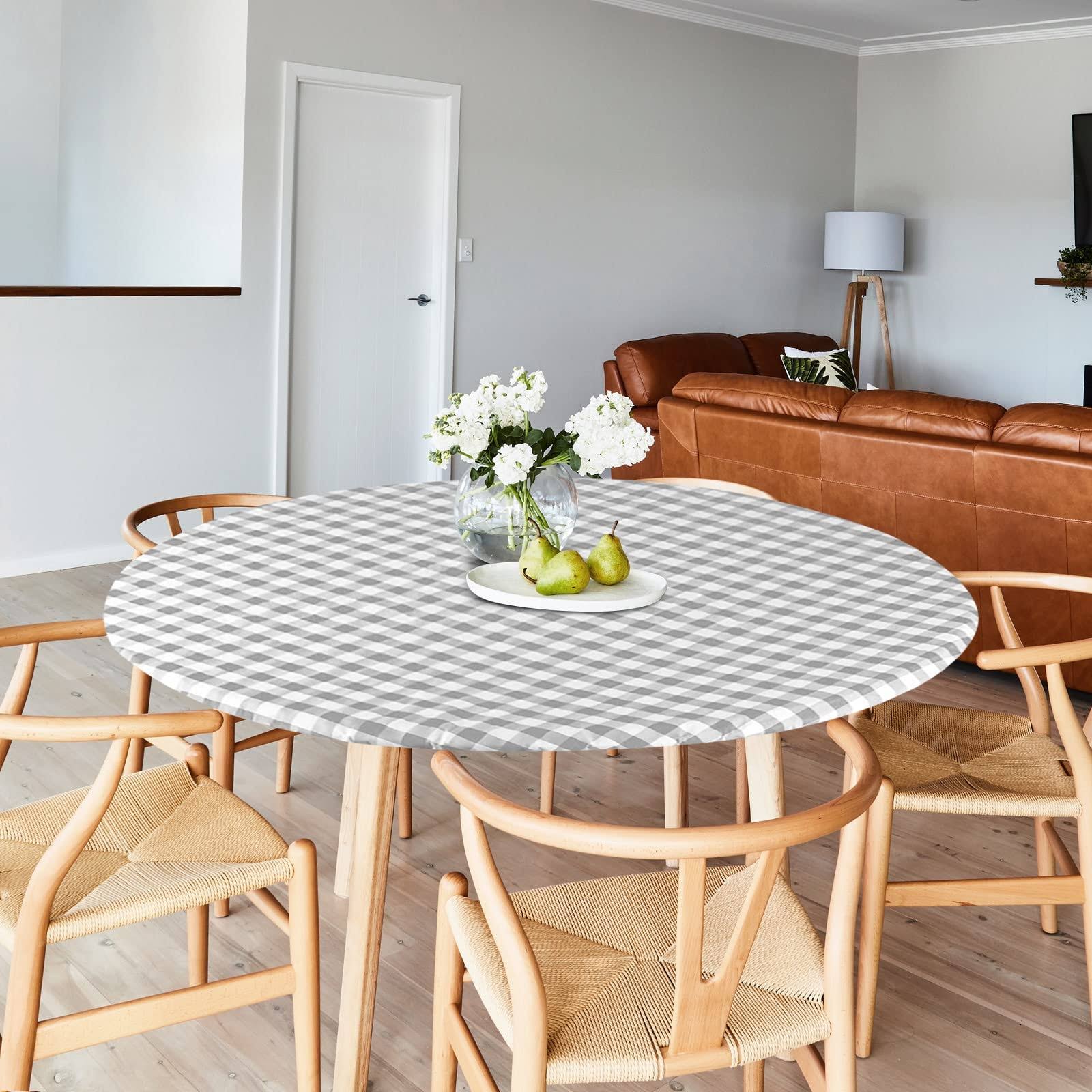 9a3a8f6a05cebecdfd77ae6aedb09e2fa0d57bebc1a01a6d84773662032c30d3.jpg Sorfey Round Tablecloth -Fitted with Elastic, Vinyl with Flannel Back, Fits for Table 30 Inches Round,Water Proof, Easy to Clean, Checked Gray Design - Image 1