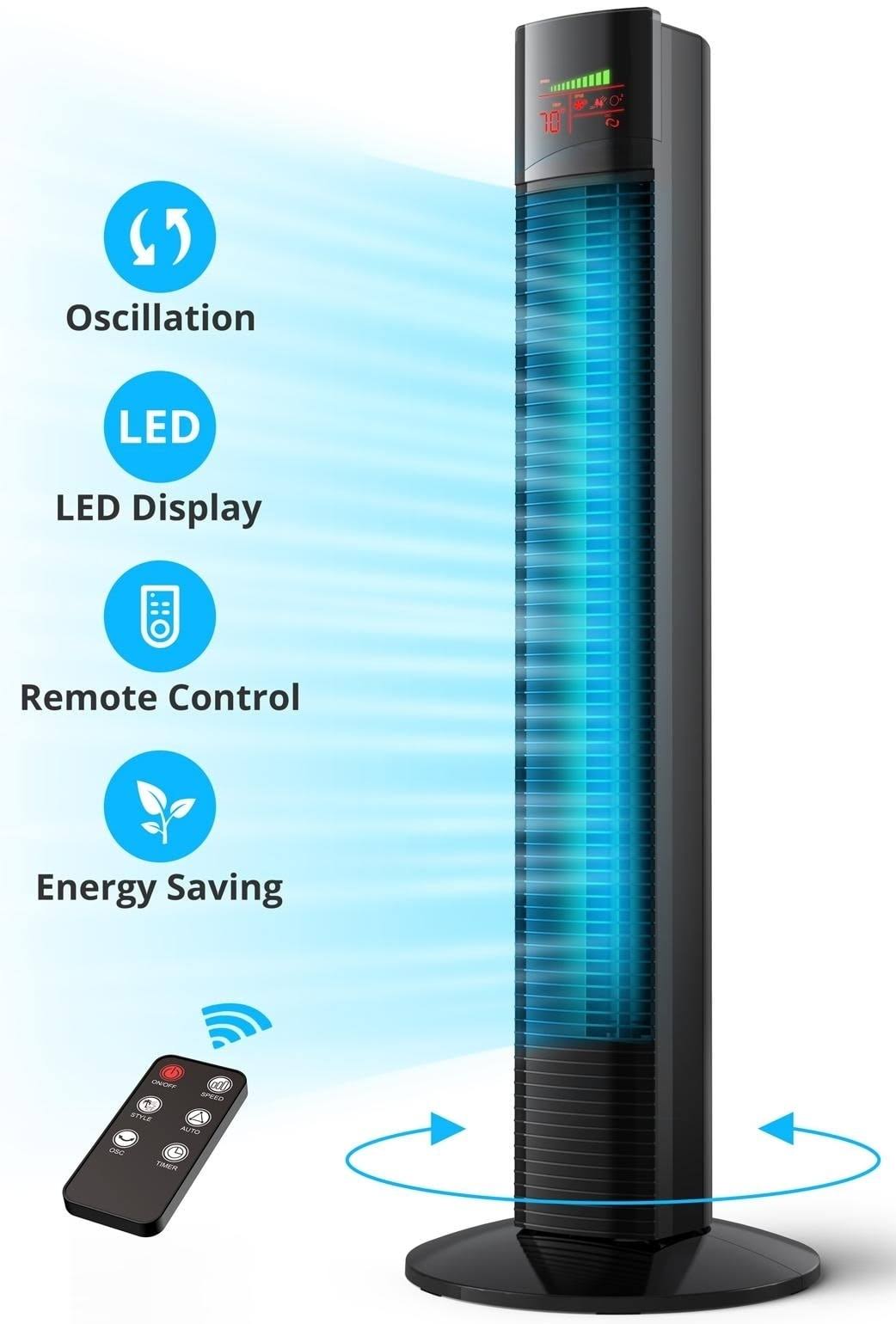 9a55ee2b8981ef16057bbcf64855ca9744fb74814af3e49ca10a5ea7d494e4fd.jpg TaoTronics Tower Fan, 36" Cooling Fan with Remote, 65 Floor Fan Oscillating, Powerful Fan with 9 Modes, Large LED Display, 12-Hour Timer, Quiet - Image 1