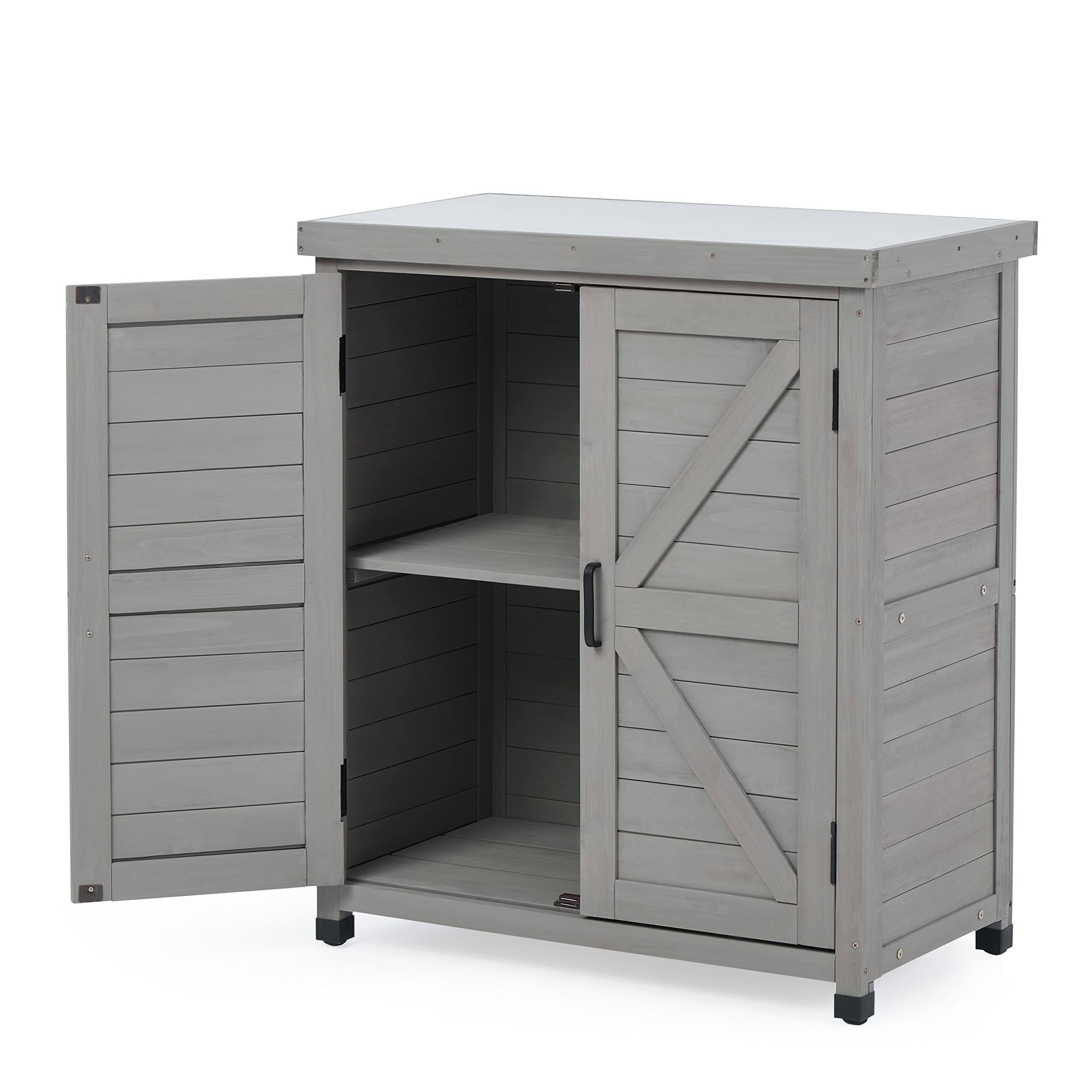 9a5aa0659b942d170fe55164f086eed6ab47cd7476dca278b39a32a828295521.jpg SoliWood Outdoor Storage Cabinet & Potting Bench Table with Metal Top, Wooden Patio Furniture, Garden Workstation - Image 1
