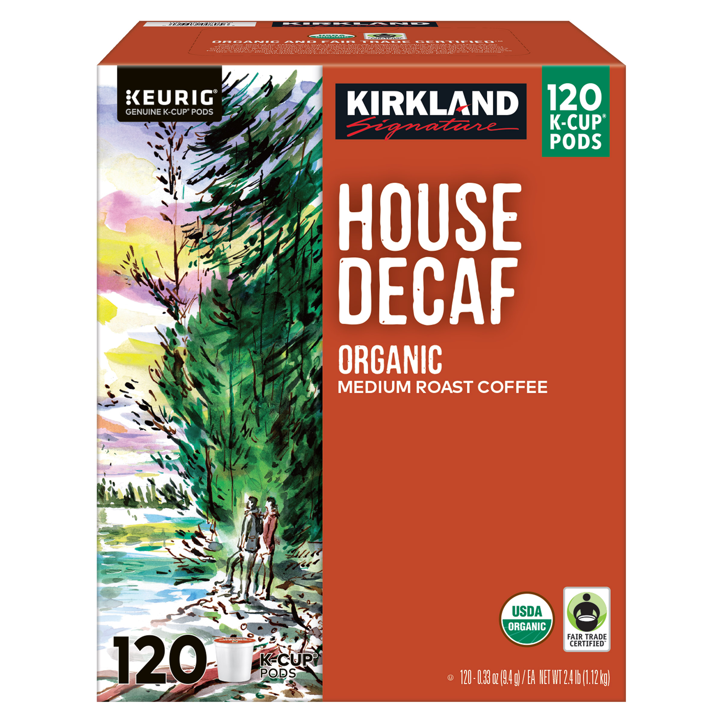 9aa4ea668d47842caec45426ee4227aebd42e11d55f148843fc871db2418028b.jpg Kirkland Signature Coffee Organic House Decaf K - Cup Pod, 120 - Count - Image 1
