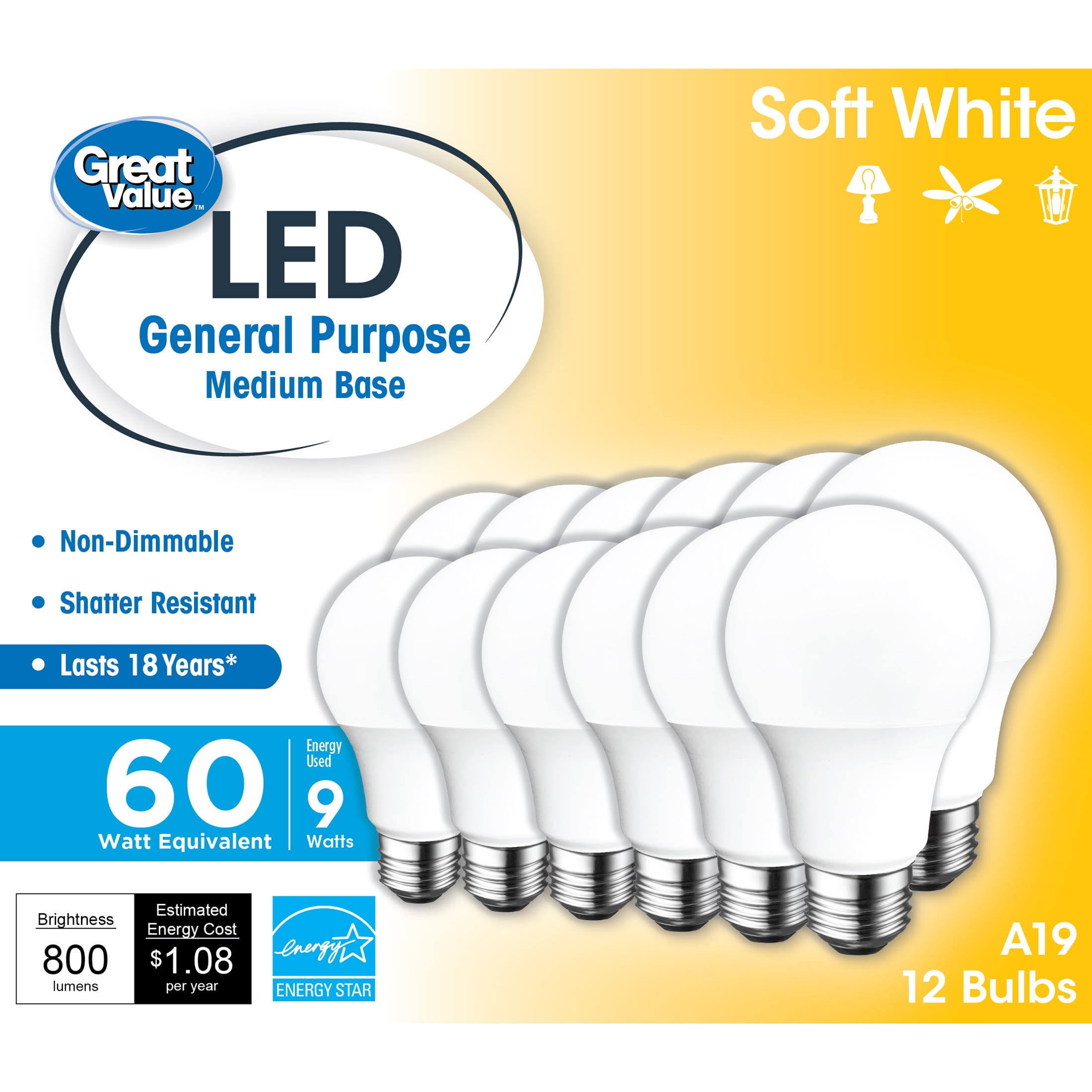 9b77e3c75b1a4d1f6b10a7dbb0f818cbcb12f17172ac4f8c8256c37065c0f73e.jpg Great Value LED Light Bulb, 9W (60W Equivalent) A19 General Purpose Lamp E26 Medium Base, Non-Dimmable, Soft White, 12-Pack, Size: 12 Bulbs - Image 1