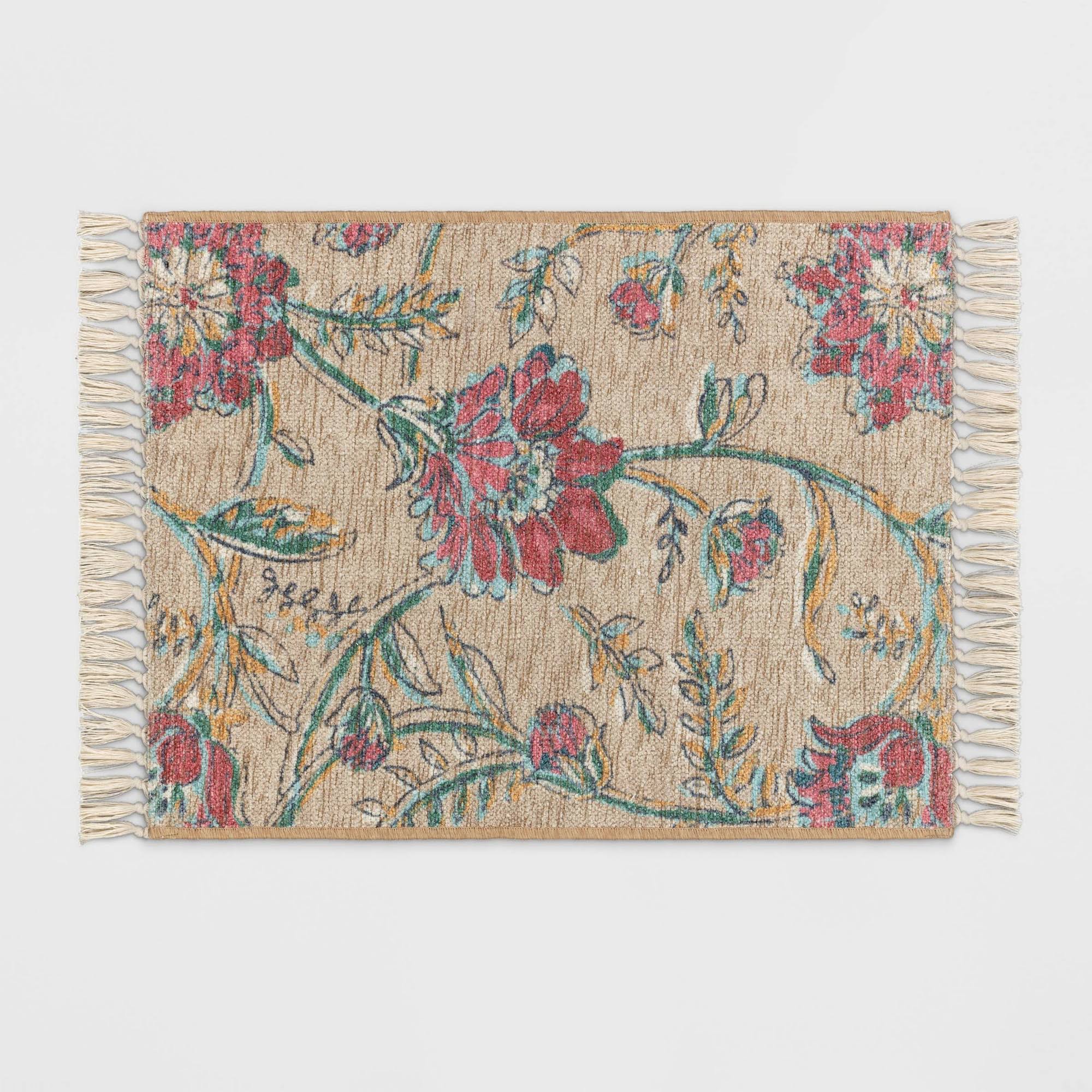 9b82e3666f41df8fe07018a6b0fe52aa3257309b910e5ca2ae20daf26dc33f64.jpg 2'x3' Washable Floral Printed Accent Rug Beige/Red - Threshold - Image 1