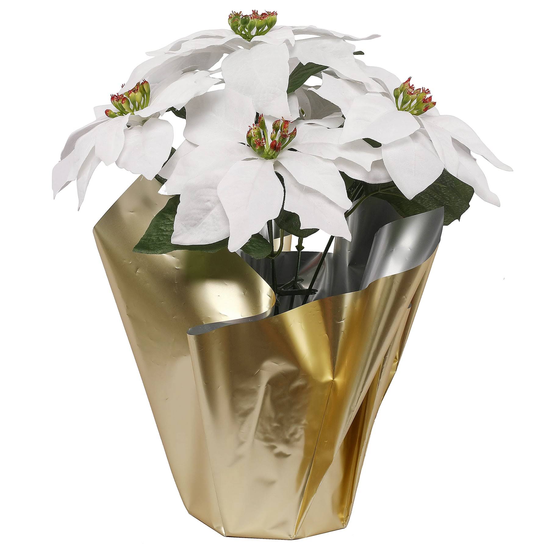 9b8b39ccc1333983d7dfb23fb69cb5e4e7d92496a954f40a2ecc8d34be1cb3cc.jpg 15.5" White Poinsettia in Gold Wrapped Pot by Ashland | Michaels - Image 1