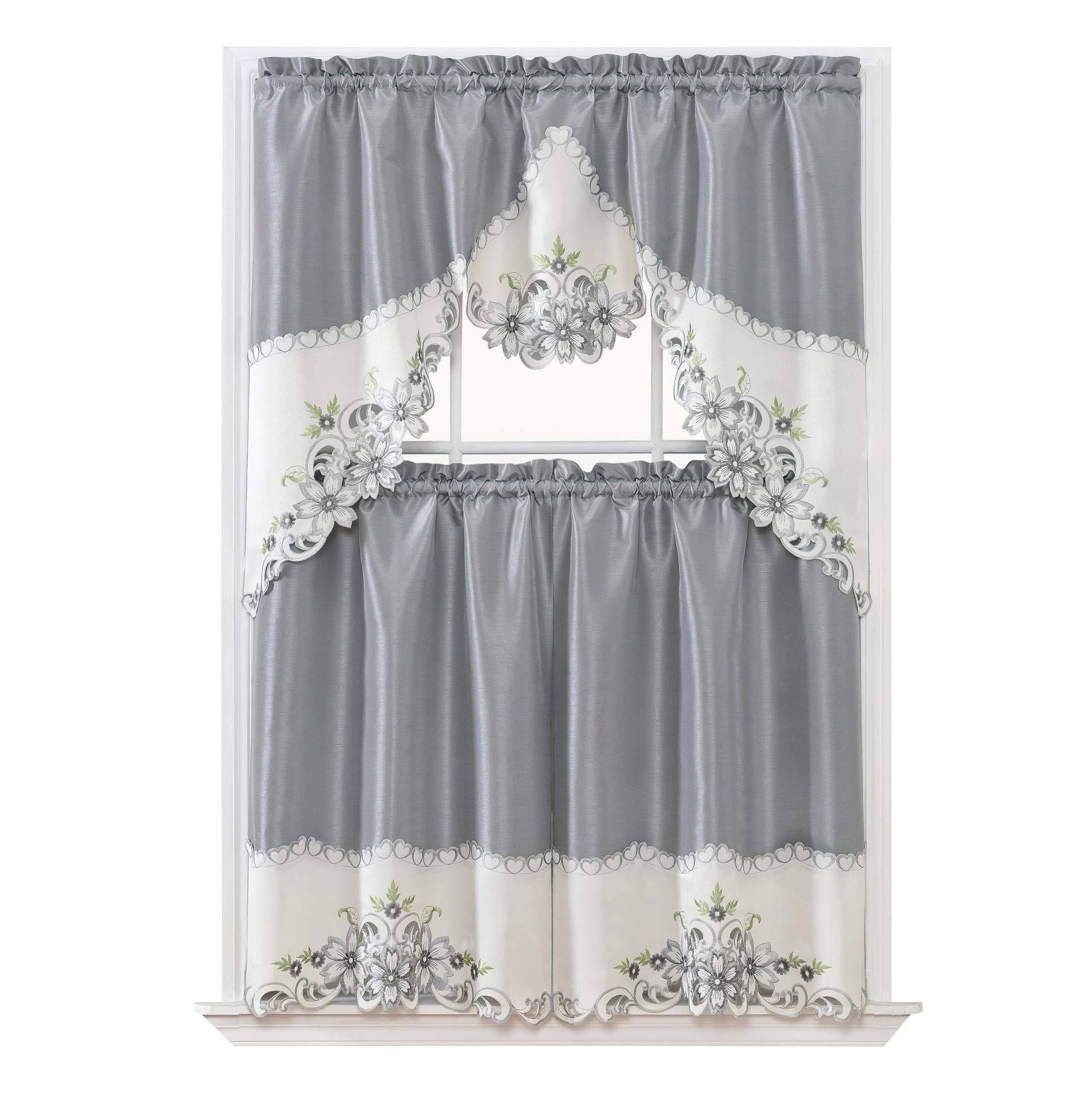 9b8ccadb60d3b4c38448049c7e44b156c8e00c0cfd22c0a97ead5ed139c86beb.jpg GOHD Arch Floral Kitchen Curtain Set/Swag Valance & Tier Set. Nice Matching Color Floral Embroidery on Border with Cutworks (Silver Grey) - Image 1