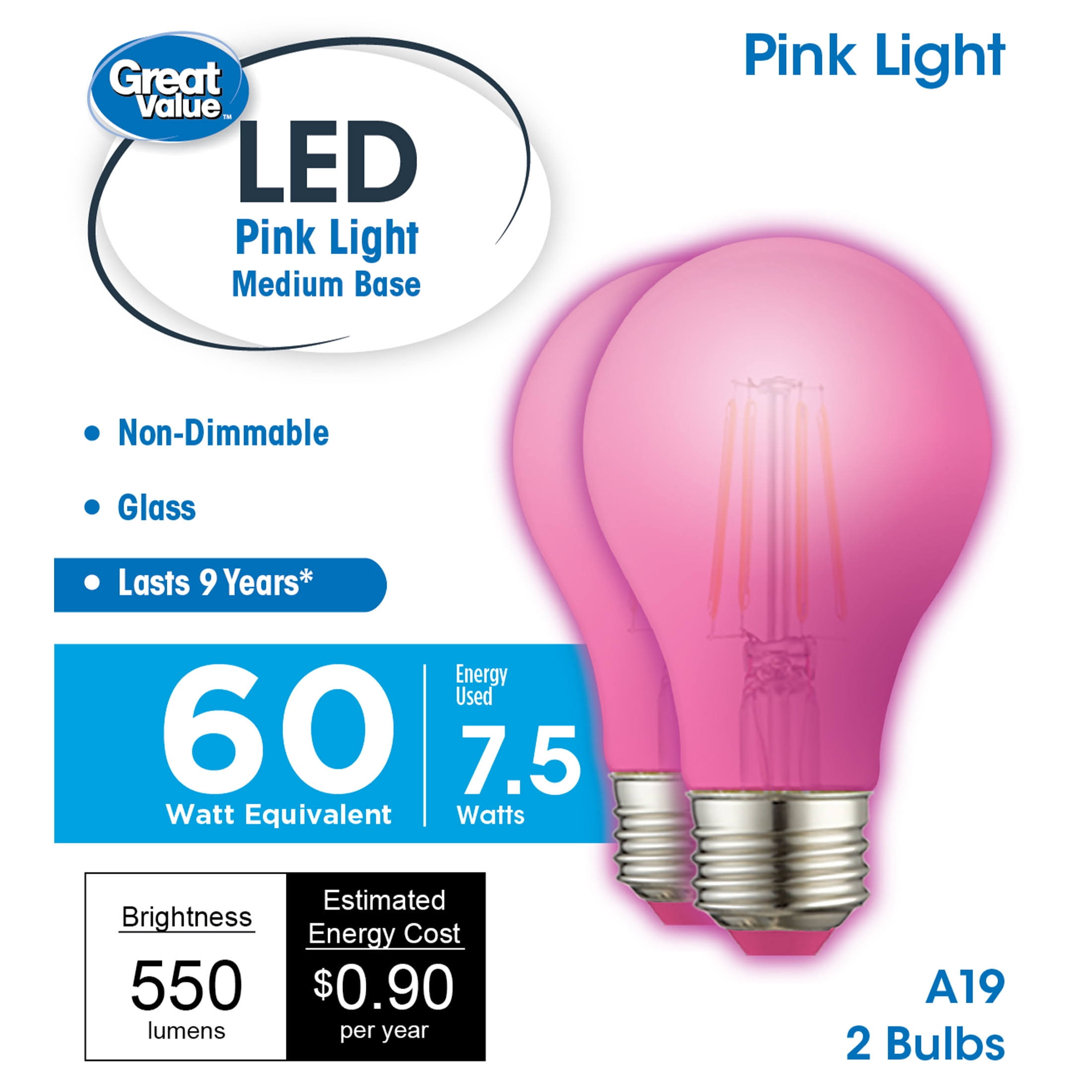 9c0b66a18740d9c8861af8acae69fbe5cb841d3e7b575aa76a5abe143a2c7c42.jpg Great Value LED Light Bulb, 7.5 Watts (60W Equivalent) A19 Lamp E26 Medium Base, Non-Dimmable, 2-Pack, Pink - Image 1