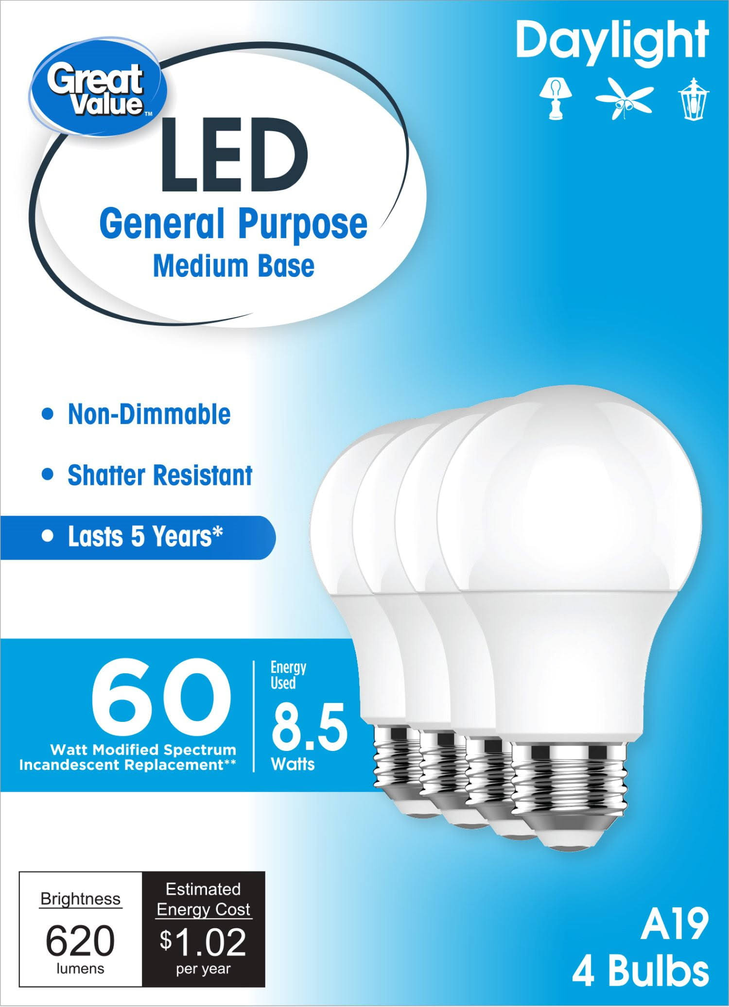 9c2aa4af6ac4726406015f38e259058aed19378bfe5df6e1d0c043c99bc7bdac.jpg Great Value LED Light Bulbs, 60 Watts Eqv, Daylight, A19 General Purpose Light Bulbs, 5YR, 4pk 93131086 - Image 1