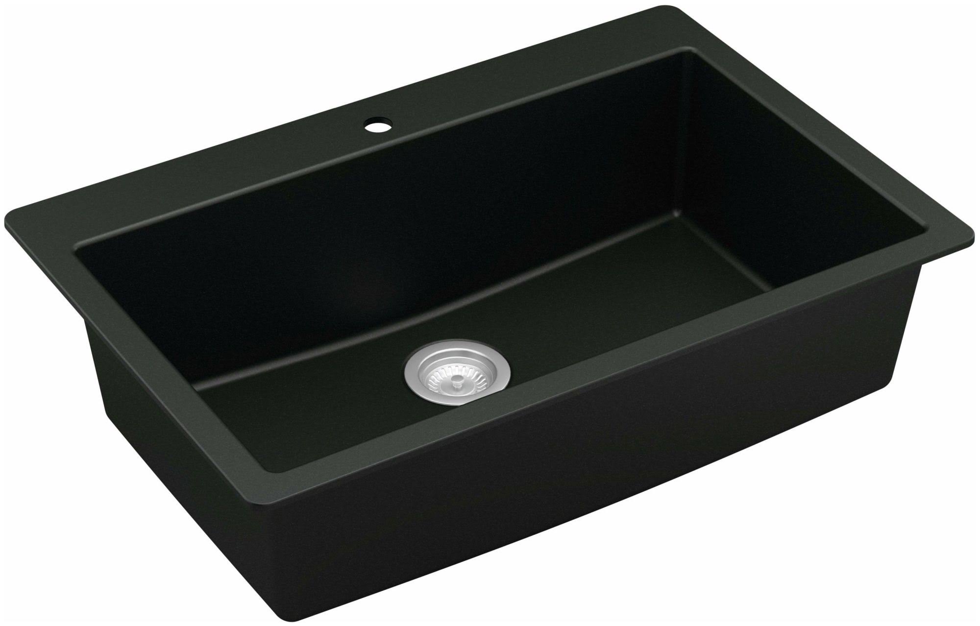 9c3f13f90ff13625e6e8a7beb5cd48605c8653845a5ee6cebffe2cddbad43565.jpg Karran Quartz 33 in. Large Single Bowl Drop-In Kitchen Sink in Black QT-812 - Image 1