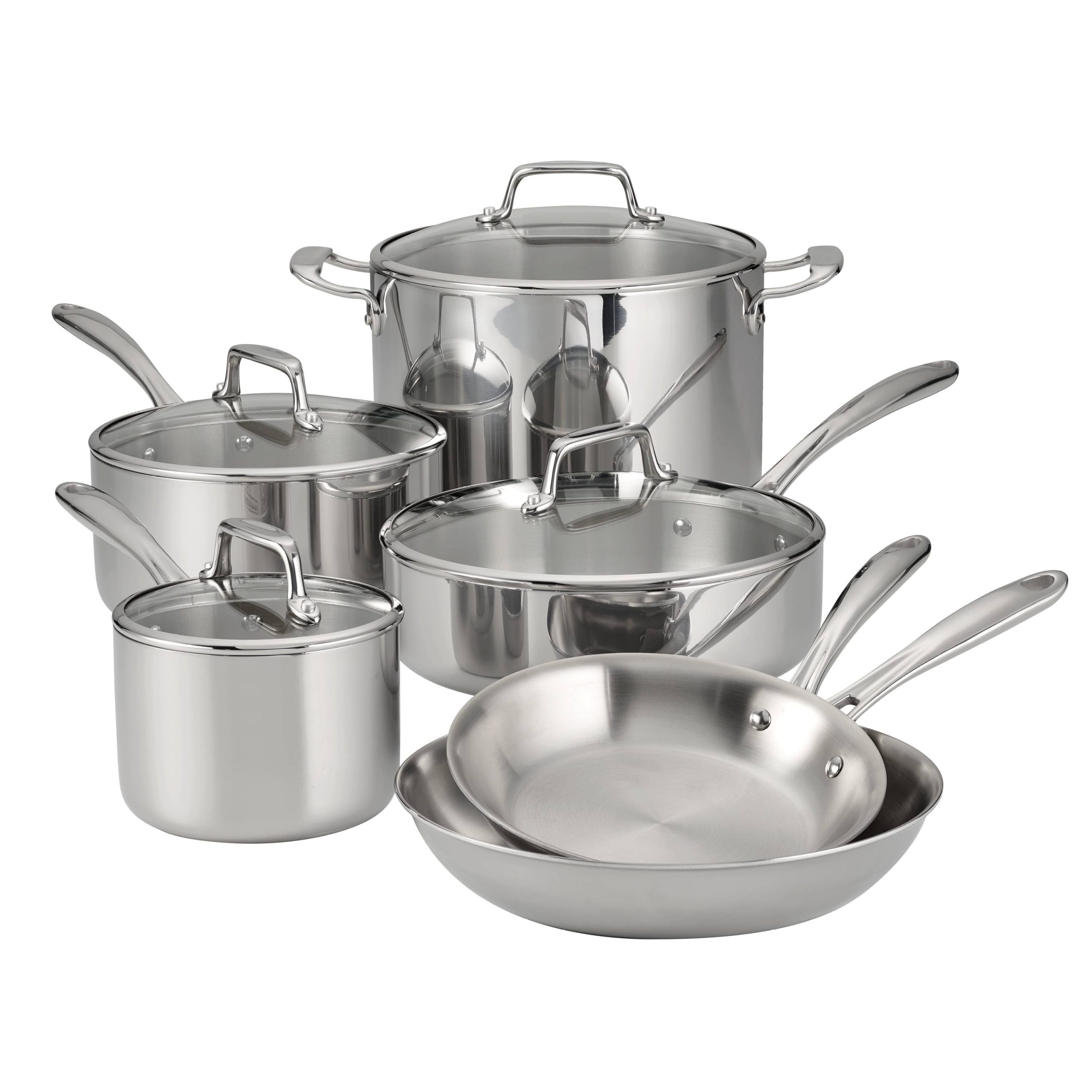 9c99123e883f3793ee0ca1117eb1048779ae02dadc1ab5fd8ac6b1993620e6ab.jpg Tramontina 10-Piece Tri-Ply Clad Stainless Steel Cookware Set with Glass Lids - Image 1