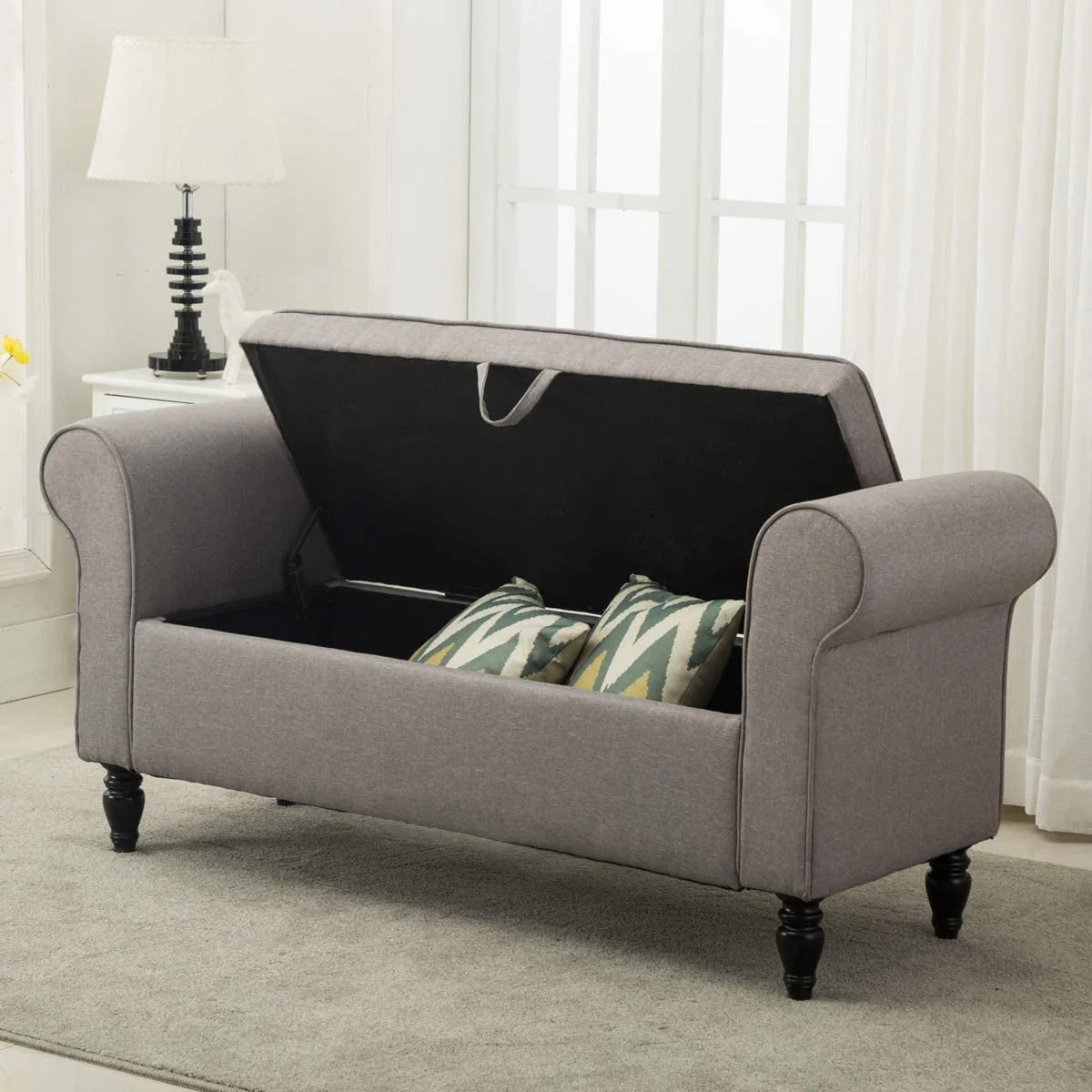 9cb80d21c8046c0a30fd19a36e39f0f89798ce3270e784676e8906203e657abb.webp Andeworld Storage Bench with Arms Upholstered Bench Settee for Bedroom Living Room Gray - Image 1