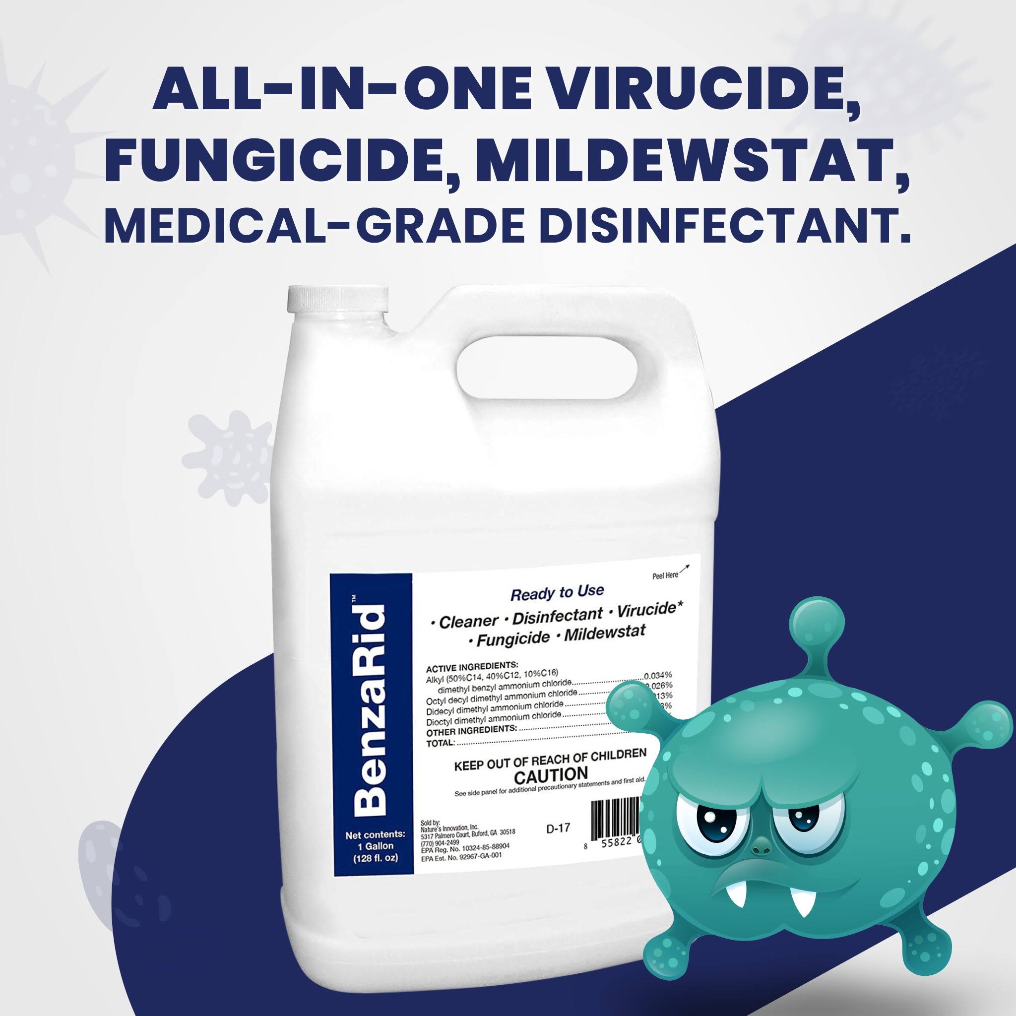 9ce738d9cf1c91c4a4bf5f0c72f1dfb8a44a4f83b06e60ed7687aa612a5f3783.jpg Benzarid Hospital Grade Cleaner Sanitizer - 1 Gallon - Image 1