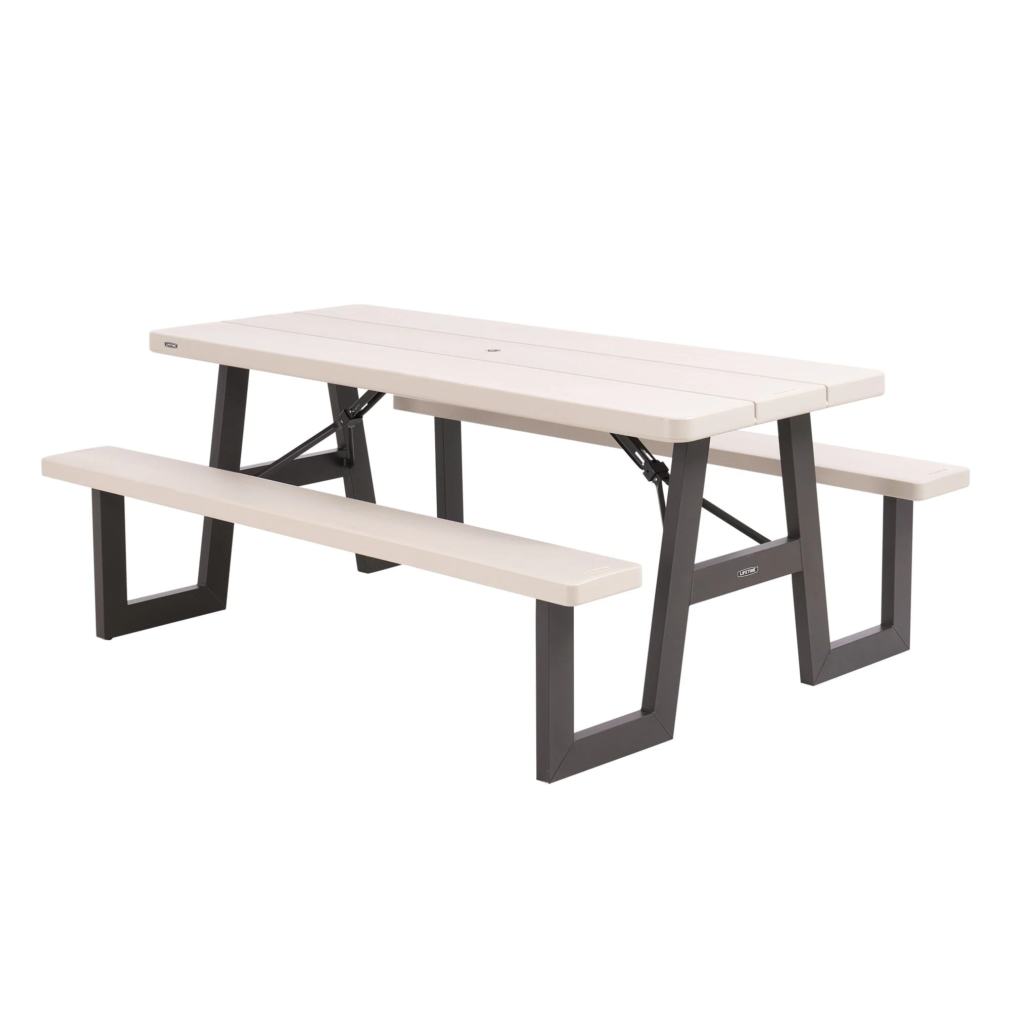 9d02cb20507c0b6eed767d1c9ba1f4d62801ec288f1a7f693d7f42c668e492e5.webp Lifetime 6 - Foot W - Frame Desert Sand - HDPE Folding Picnic Table (60364) - Image 1