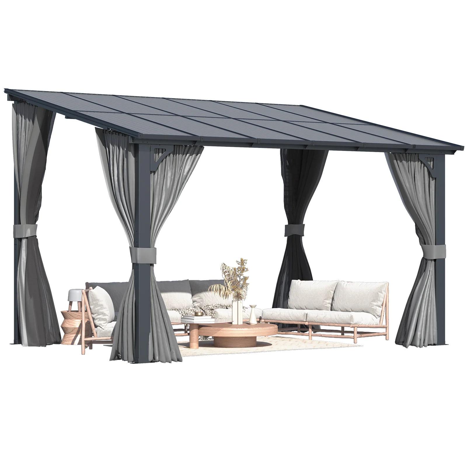 9d2157f774bb397bd89e7056991486d56e491f29b572be4fd72fcf74a8d0f60c.webp AECOJOY 12'x8' Wall Gazebo with Curtains and Mosquito Netting, Gray - Image 1