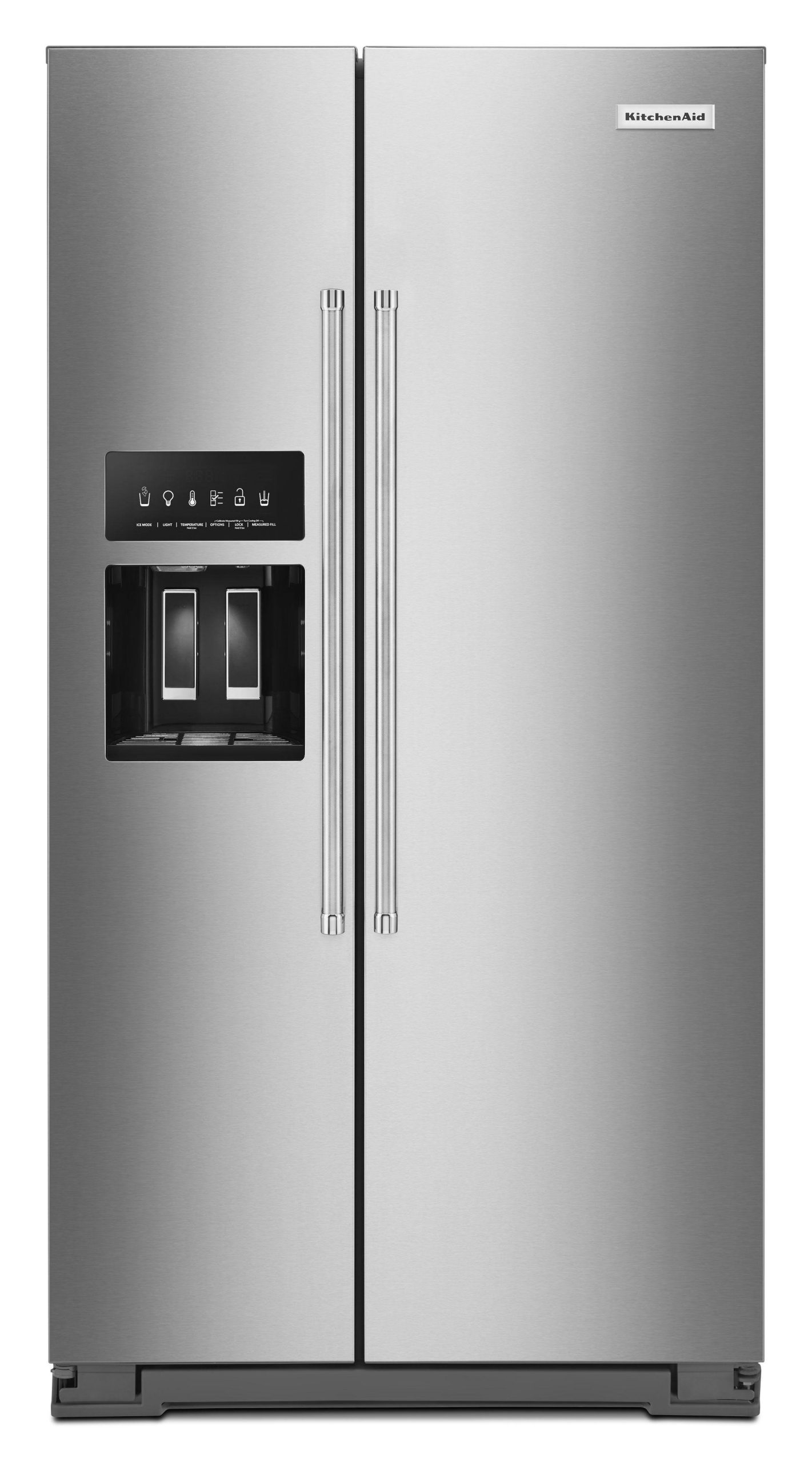 9d7b37a0f72f84b40d4dde430038ec56dbbb37e9e6688a5d42d1c9105bda4019.jpg KitchenAid 24.8 Cu. ft. PrintShield Stainless Steel Side-By-Side Refrigerator with Exterior Ice and Water Dispenser - KRSF705HPS - Image 1