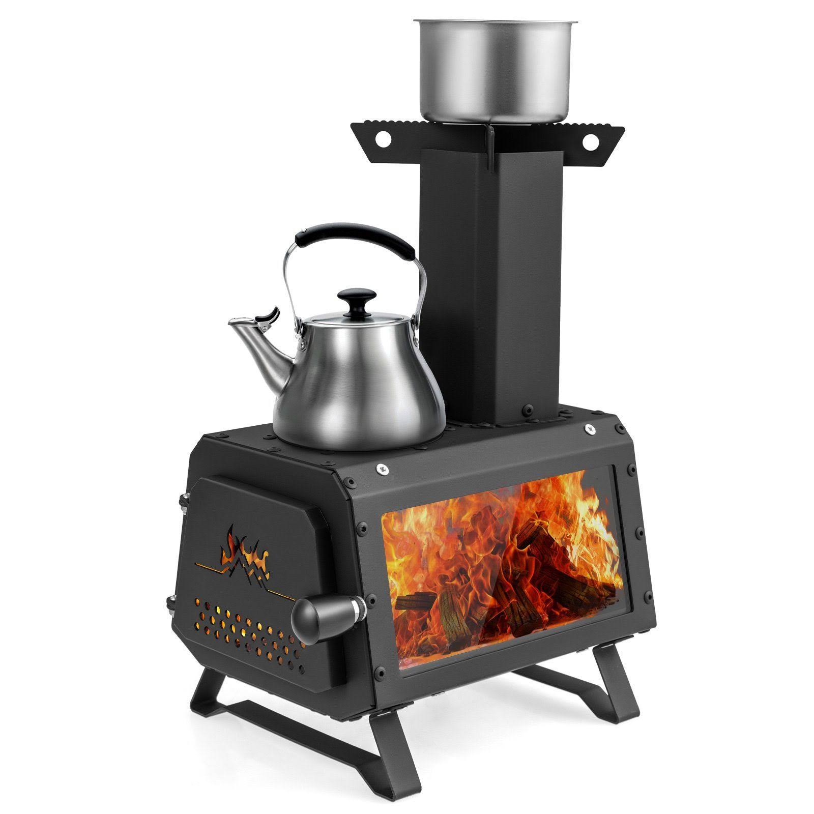 9dc4f9e9cfd9cf11e132dad0b2f860d37d9b9f41013f03b18cb0a1802d753126.jpg Costway Portable Wood Camping Burning Stove Heater with 2 Cooking Positions - Image 1