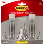 Command Large Brushed Nickel Double Hook, 2 Hooks, 2 Strips