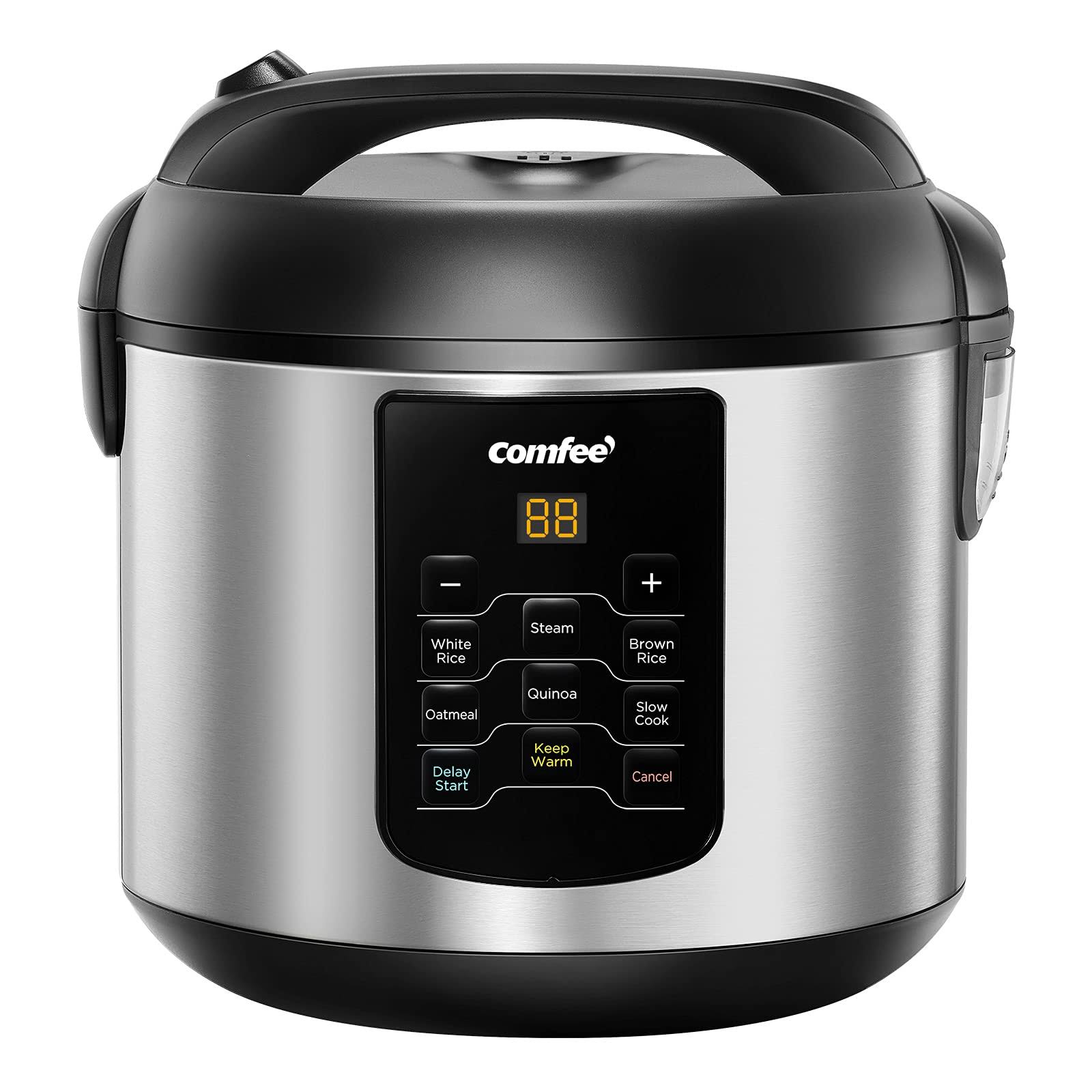 9e1ba8ad13d91cc3129662cd7d2ab5a596287ec25895ddb05c018934b80967b6.jpg Comfee' Rice Cooker, 6-in-1 Stainless Steel Multi Cooker, Slow Cooker, Steamer, Saute, and Warmer, 2 qt, 8 Cups Cooked, Brown Rice, Quinoa and Oatmeal - Image 1