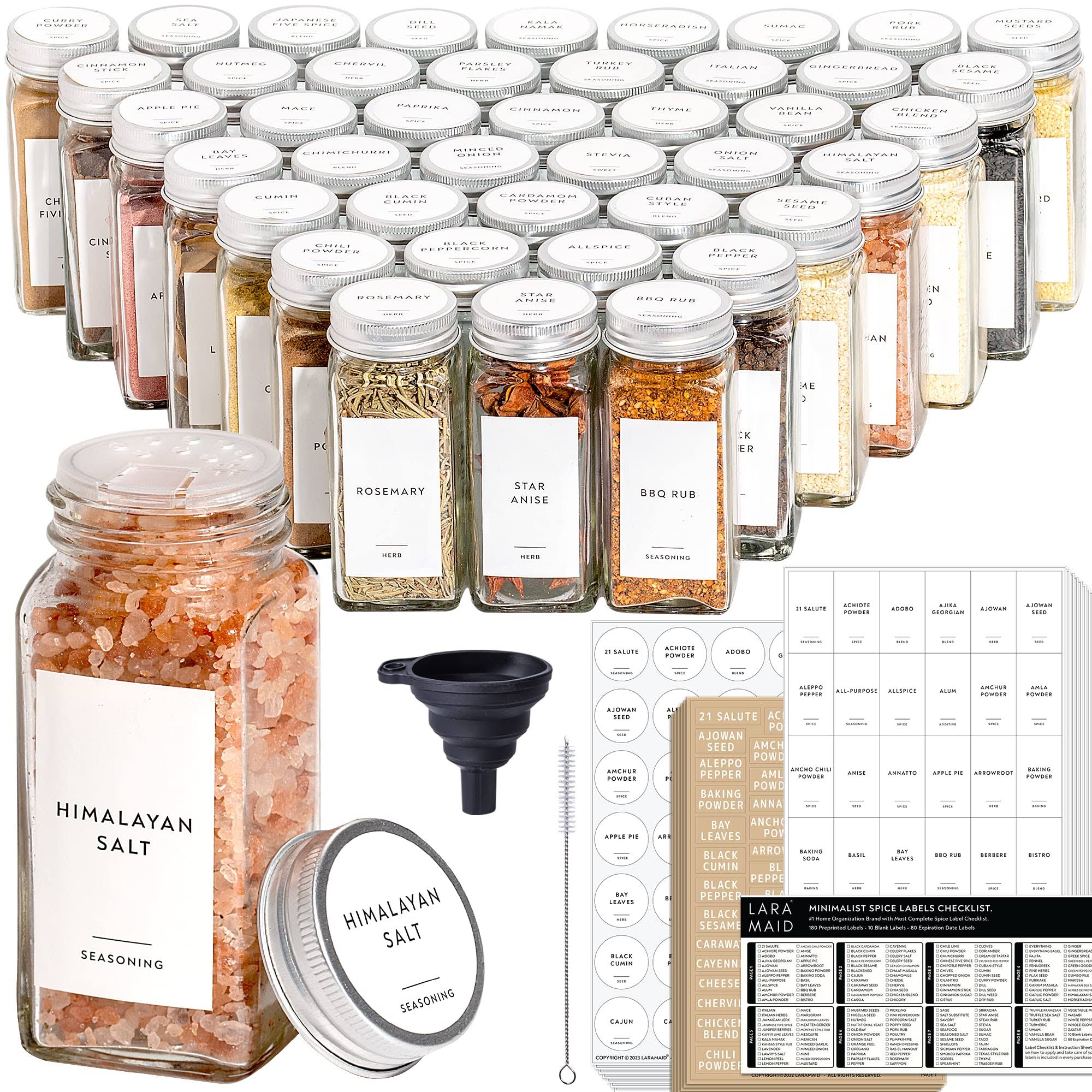 9e33e389e01cc500dfe04719b7b68c17d037e9f1c4f7eec75aa1a4b2cc8bd247.jpg Laramaid 4oz 24Pack Spice Jars with 455 White Vinyl Spice Labels, Shaker Lids Dispenser with Airtight Silver Metal Caps, Cleaning Brush and - Image 1