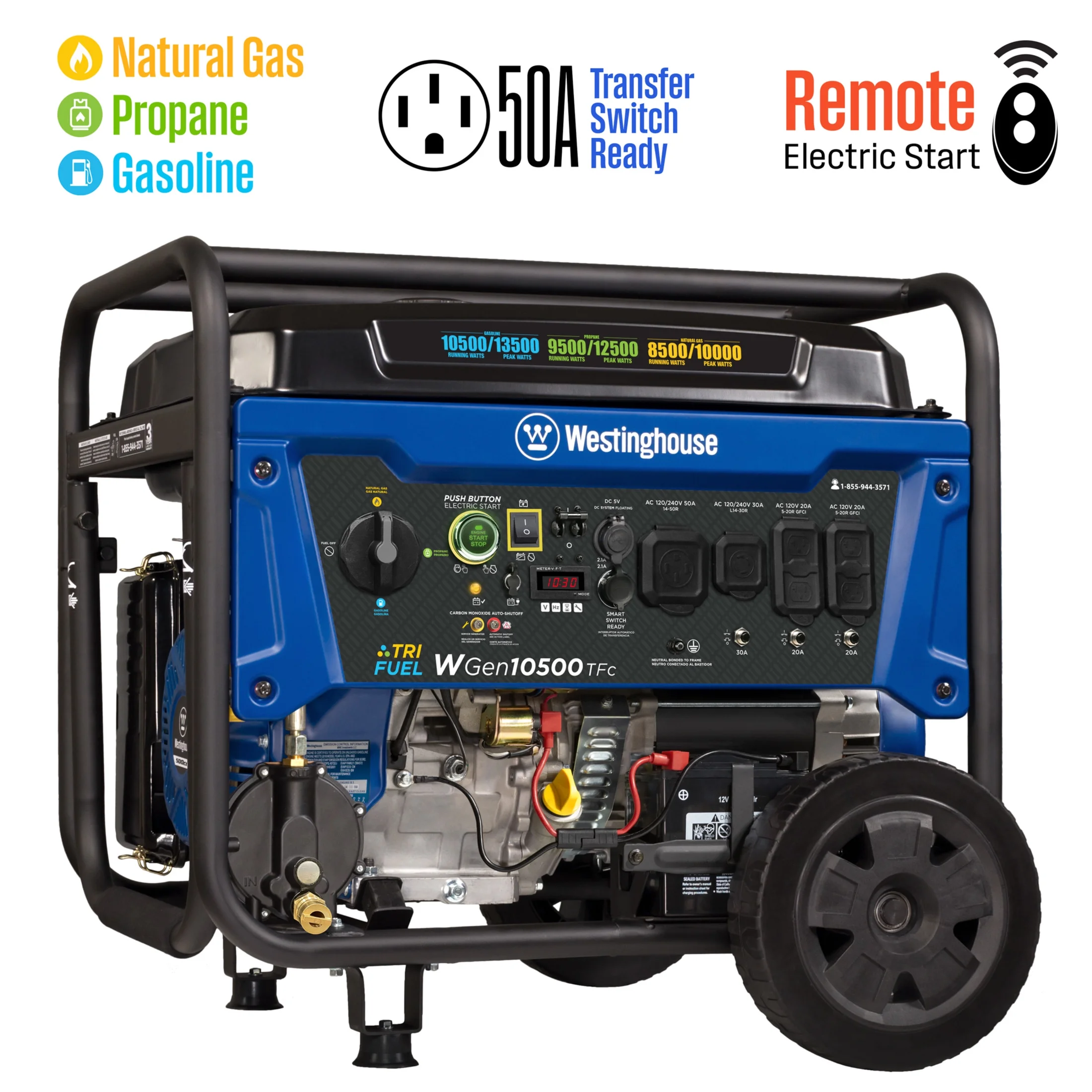 9e418ab2e7bc5e41b9de2190c6abe1102939653c915cddd9cccb1ea63d371c0b.webp Open Box Westinghouse 13500 Peak Watt Tri - Fuel Home Backup Portable Generator, Remote Electric Start, Transfer Switch Ready, Gas, Propane, and Natural Gas Powered - Image 1
