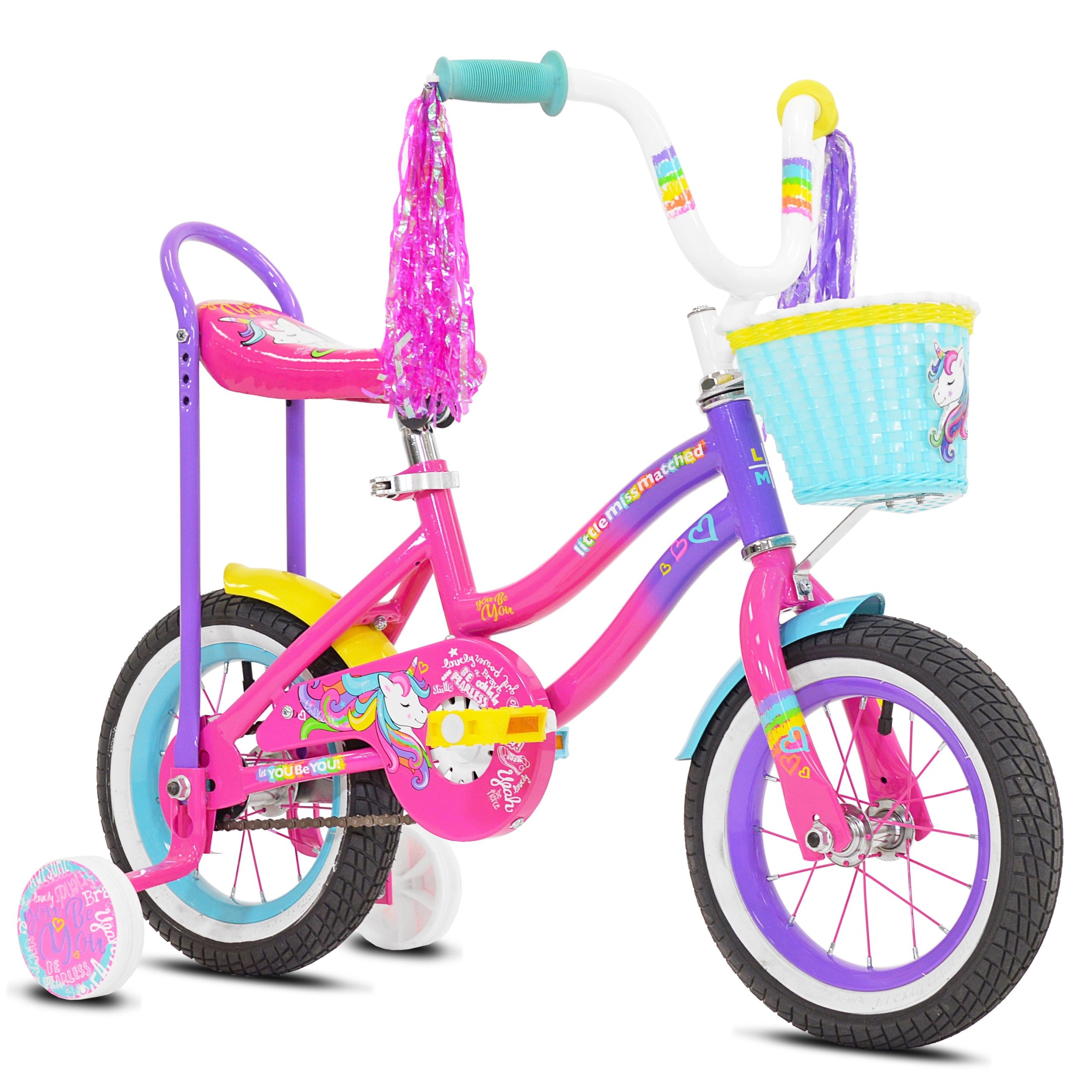 9e46c40faed4152d2ee4b72aea6c9d852a640b60a13150e0ca67edcb31f78efd.jpg 12 in. Girl's Let You Be You Unicorn. Child's Bicycle. Pink and Purple - Image 1