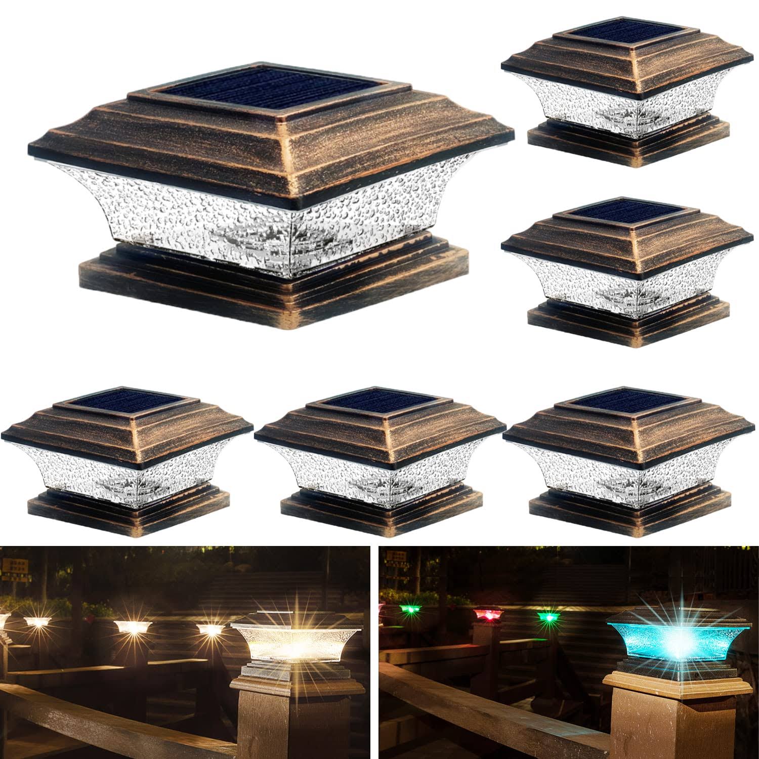 9e8d1bae581cde92ce09c34eec519f5517fa23d02ec533c27a2b9d4ae0f20780.jpg HUYIENO Solar Post Cap Lights Outdoor LED Lighting Deck Fence Two Modes Warm White/7 RGB Color Changing Suitable for 4x4 5x5 Wooden Brushed Copper - Image 1