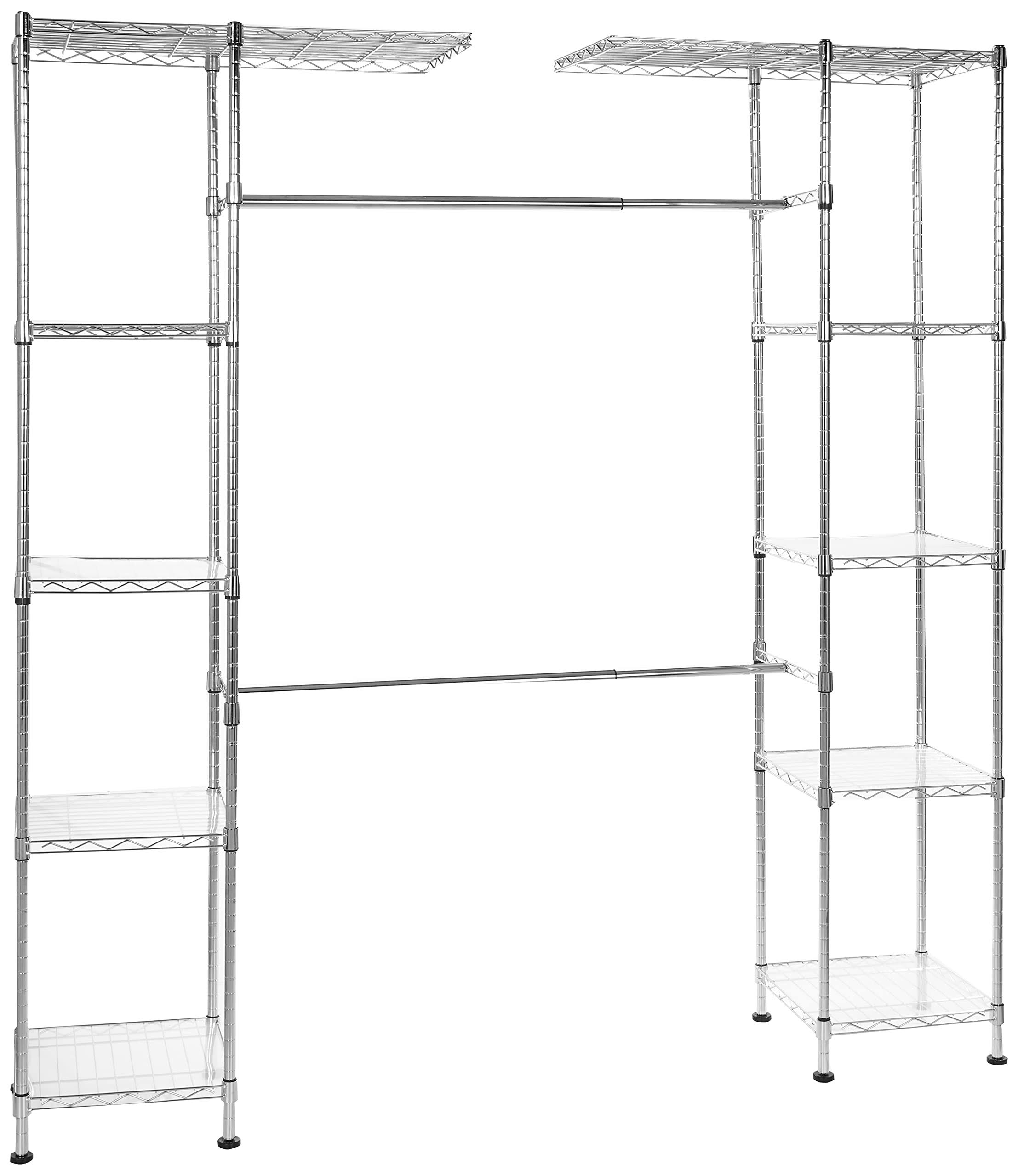 9ed114767c41fc1839d0bd8cdb8b070a0a87fd667e79cce5609b0885b831170a.jpg Basics Expandable Metal Hanging Storage Organizer Rack Wardrobe with Shelves 14 inch-63 inch x 58 inch-72 inch Chrome - Image 1