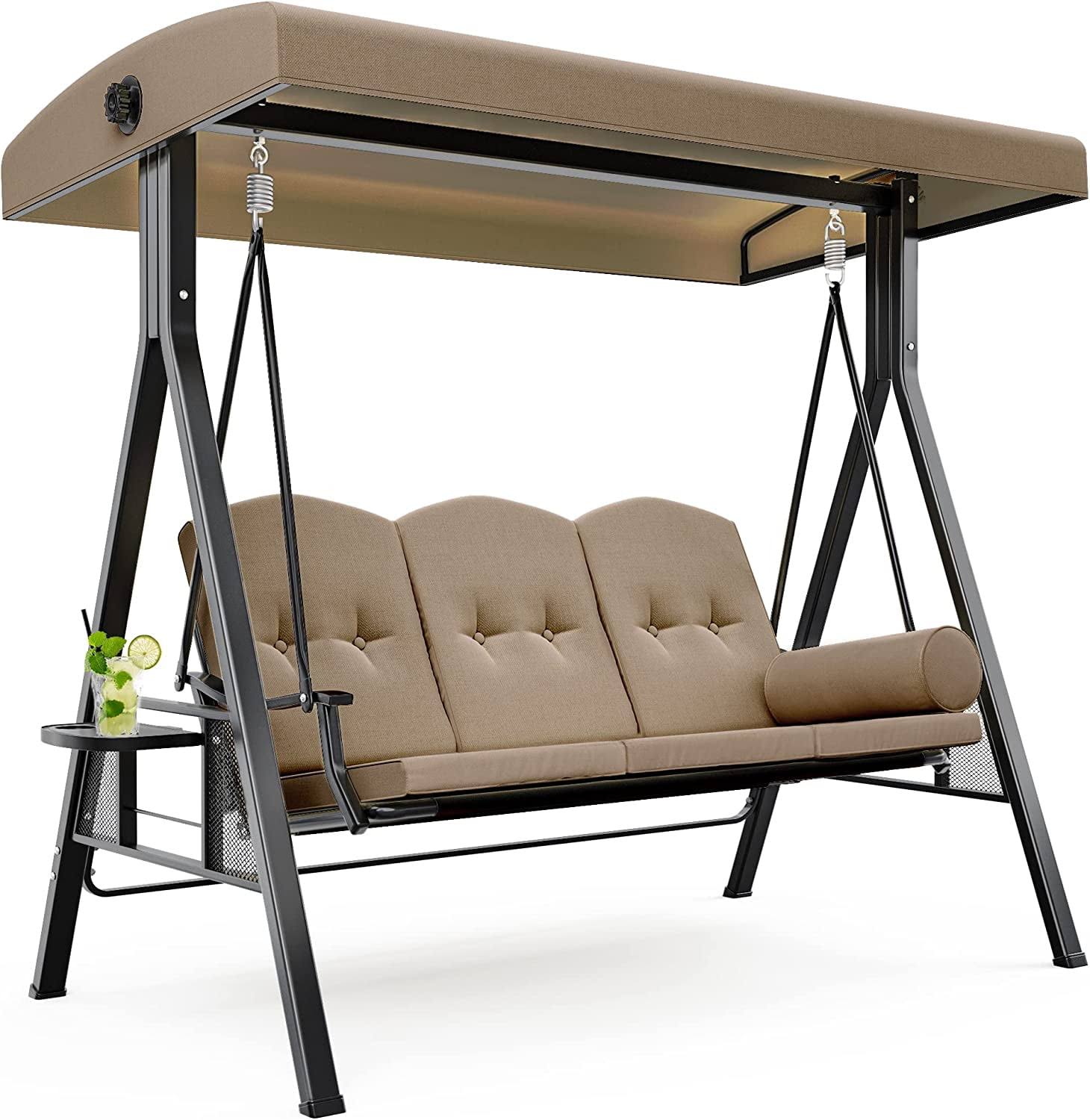 9ed6b5fcc3f8b4ab939598620ee6ee347ccf0af00da523b8385876829905d3a7.jpg Dextrus Outdoor Patio Swing Chair, 3 Person Porch Swing with Adjustable Canopy, Removable Cushion,Suitable for Garden, Poolside, Balcony,(Brown) - Image 1