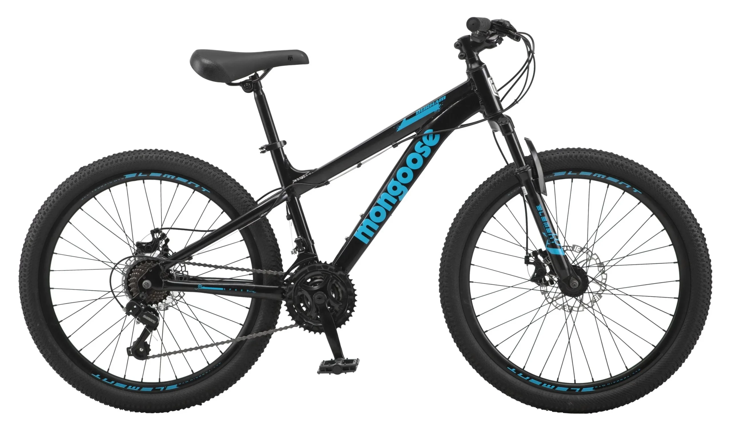 9f4a81fa7c8065d76f03a314bf391277463cf82bc46abceec102640305d10480.webp Mongoose 24" Durham Mountain Bike, 21 Speeds, Black - Image 1