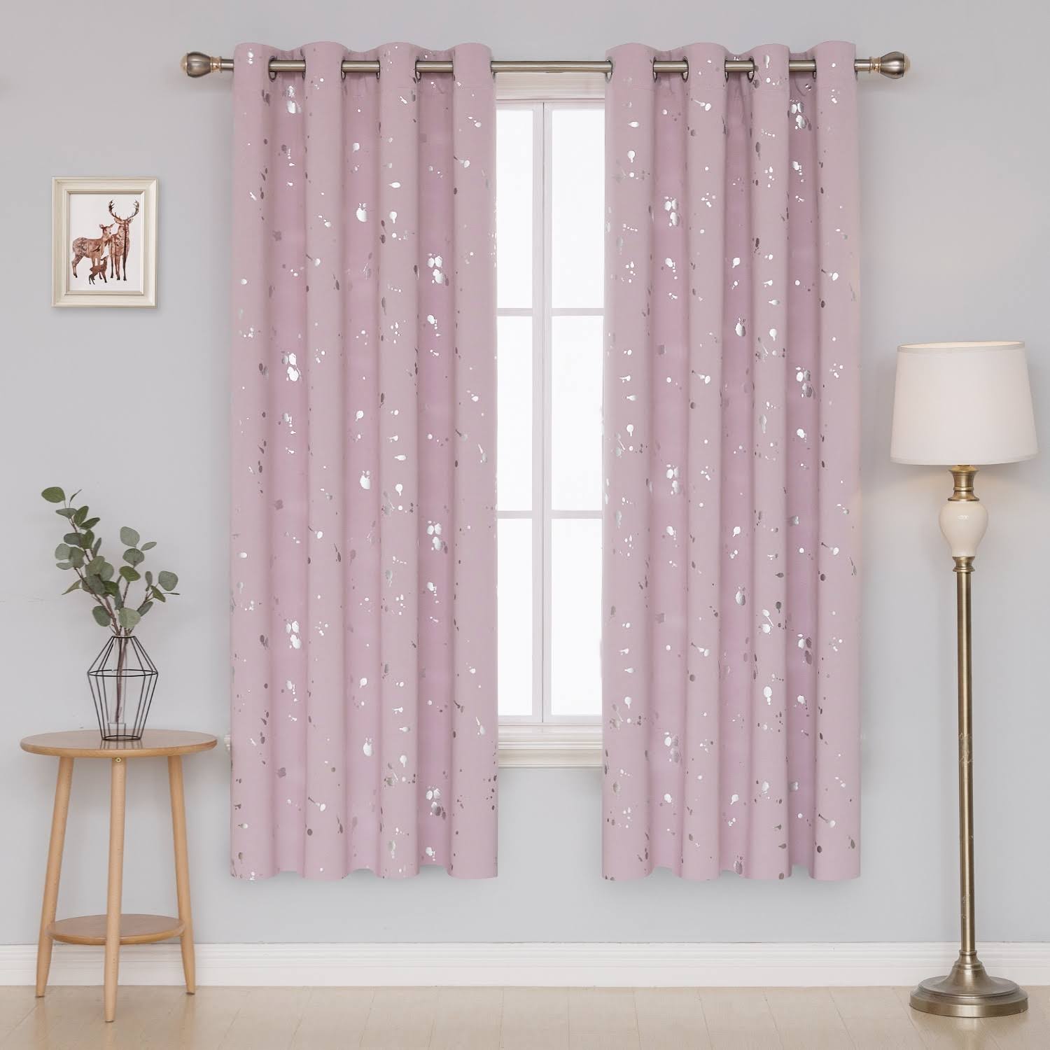 9f5894fc7bb88dd2ff8180fa44745f5048c6d20dc0f5ea2ca3637a88d5989616.jpg Deconovo Blackout Curtains with Silver Dots Printed Pattern-Grommet Room Darkening Curtains for Kitchen(52W x 72L inch, Pink Lavender, 2 Panels), Size - Image 1