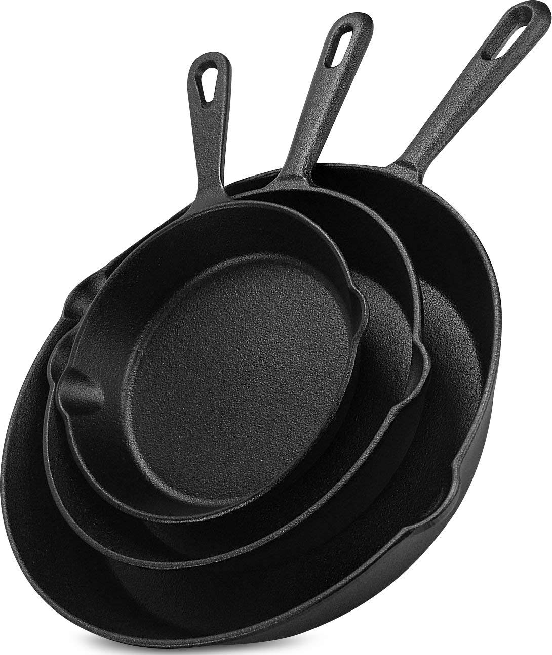 9f6b5d2ab02ad19f5b6f89f1110328fd0d400b9270819864e8b5bf0ce3fdd1c1.jpg Utopia Kitchen Saute Fry Pan - Pre-Seasoned Cast Iron Skillet Set 3-Piece - Frying Pan 6 inch, 8 inch and 10 inch Cast Iron Set (Black) - Image 1